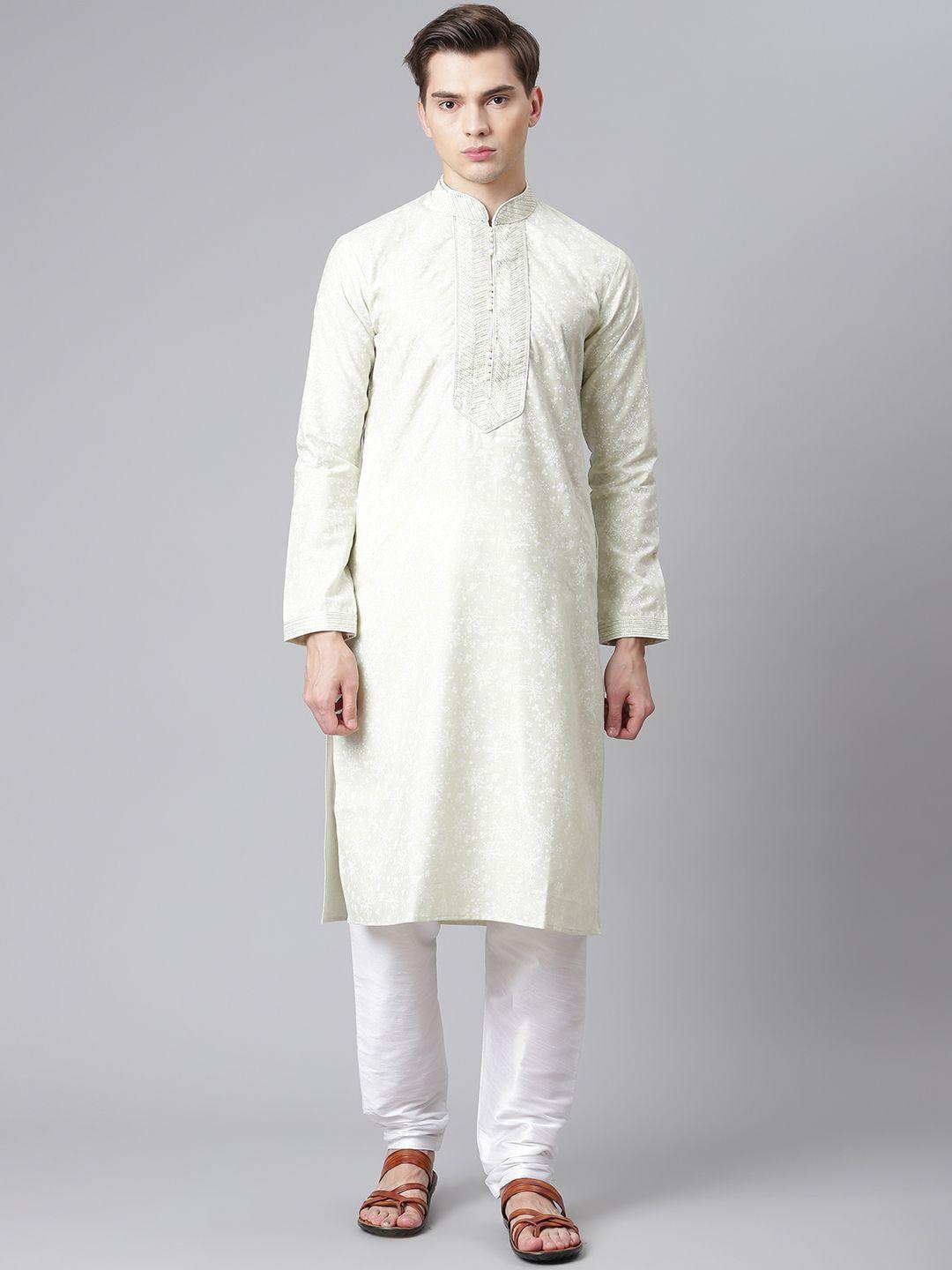 readiprint fashions men off white floral printed thread work kurta with trousers