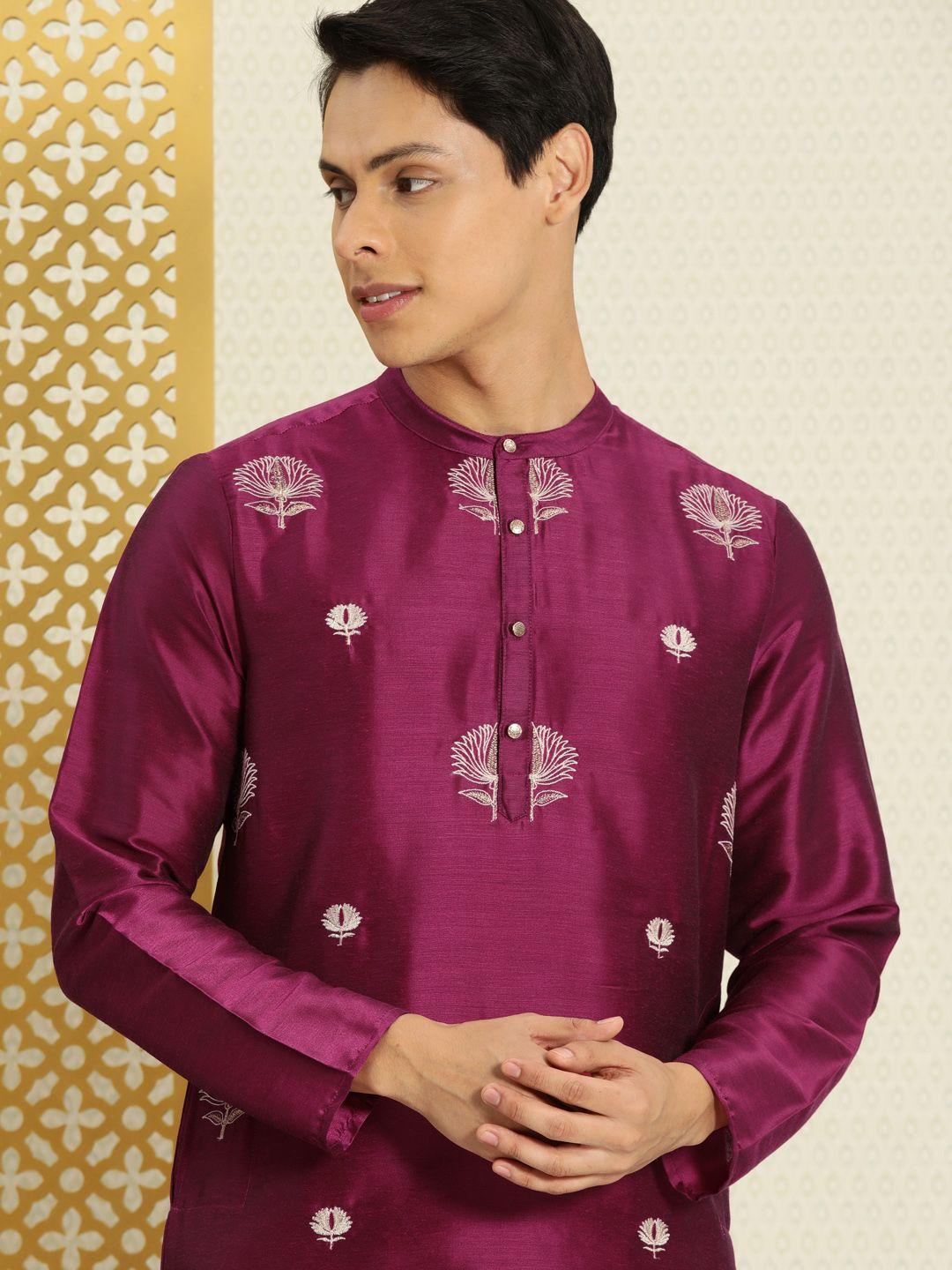 house of pataudi men purple & white ethnic motifs embroidered thread work kurta