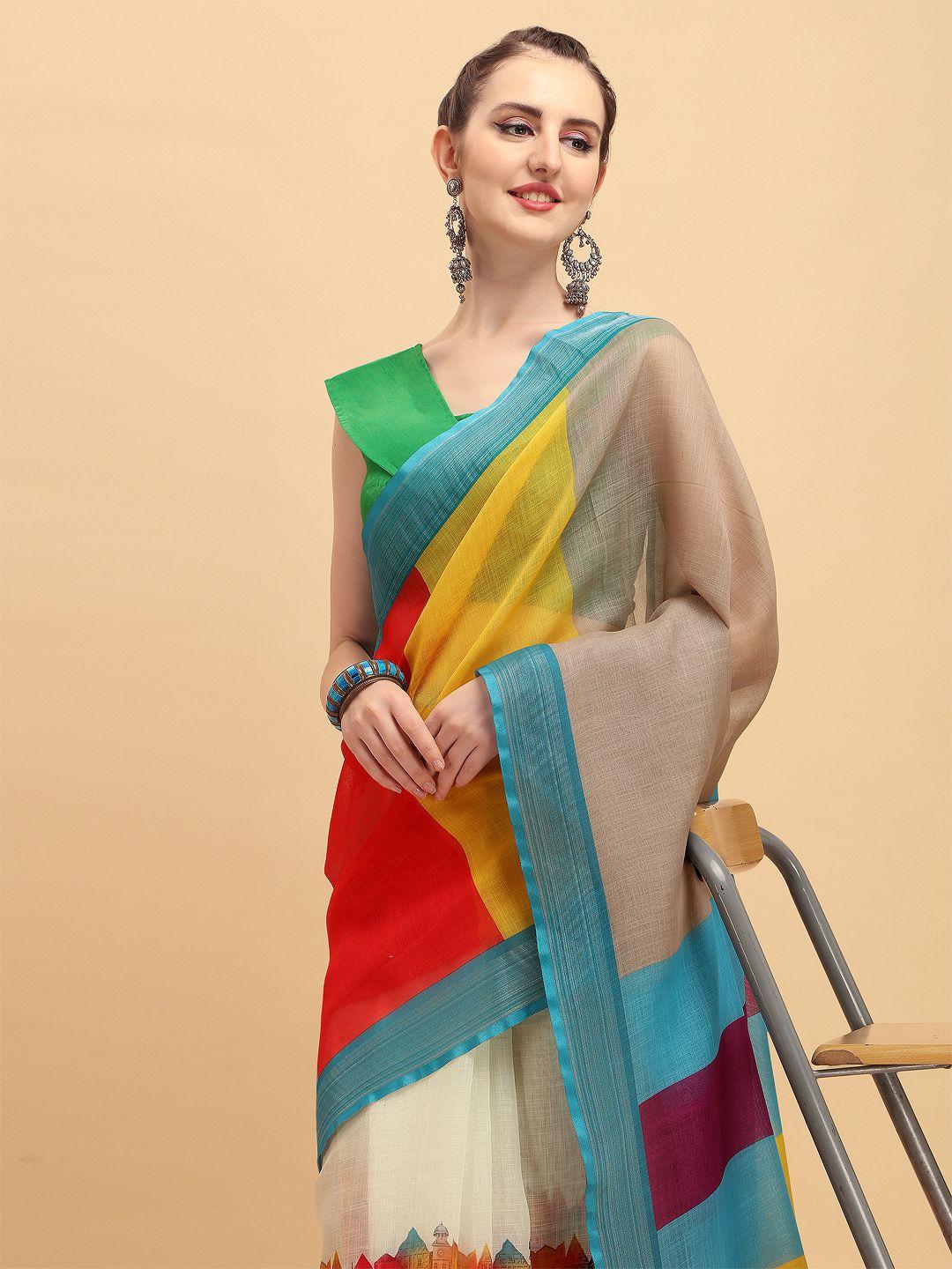 sangria multicoloured striped pure linen saree