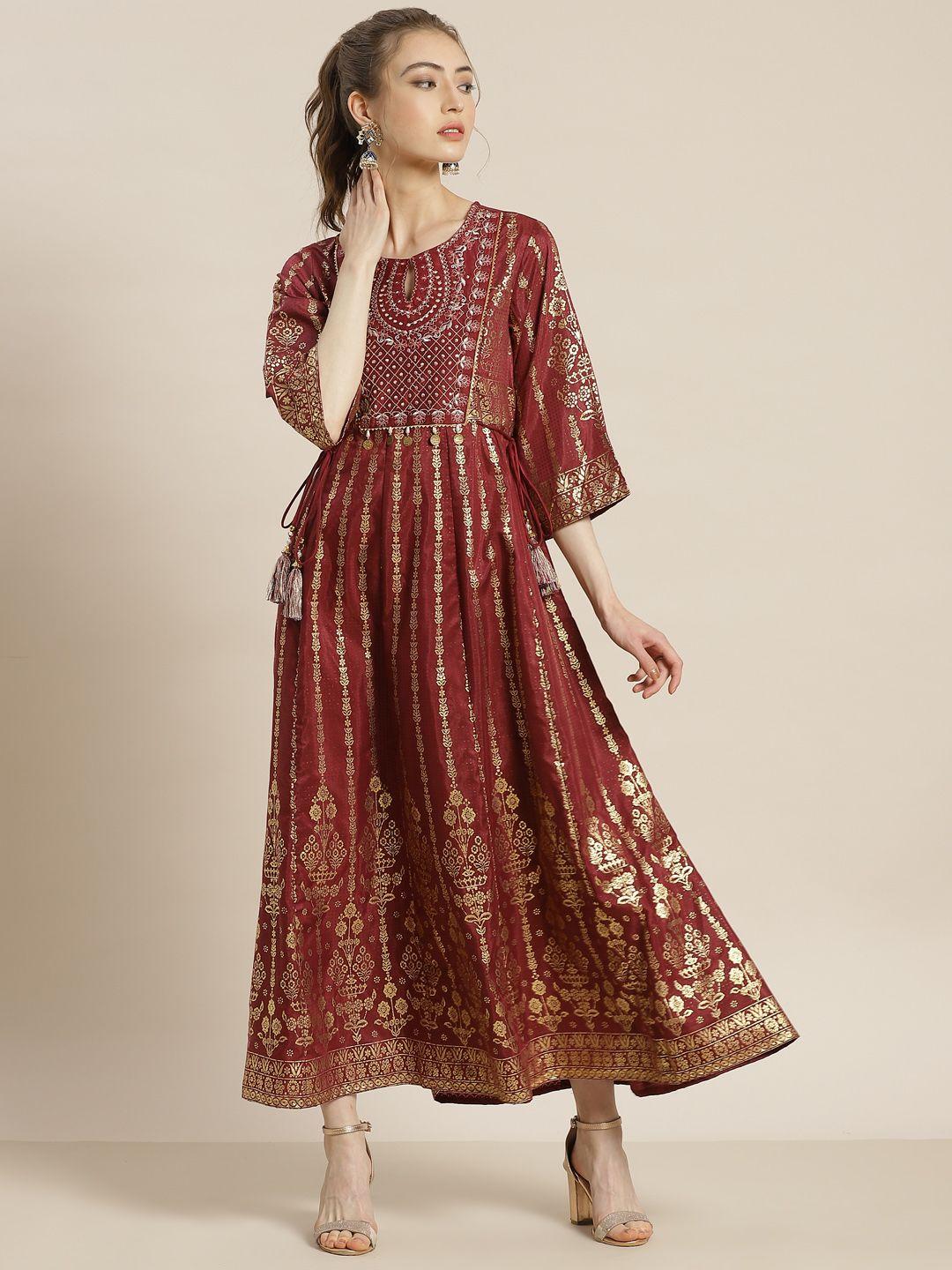 juniper women maroon & golden ethnic motifs ethnic maxi dress