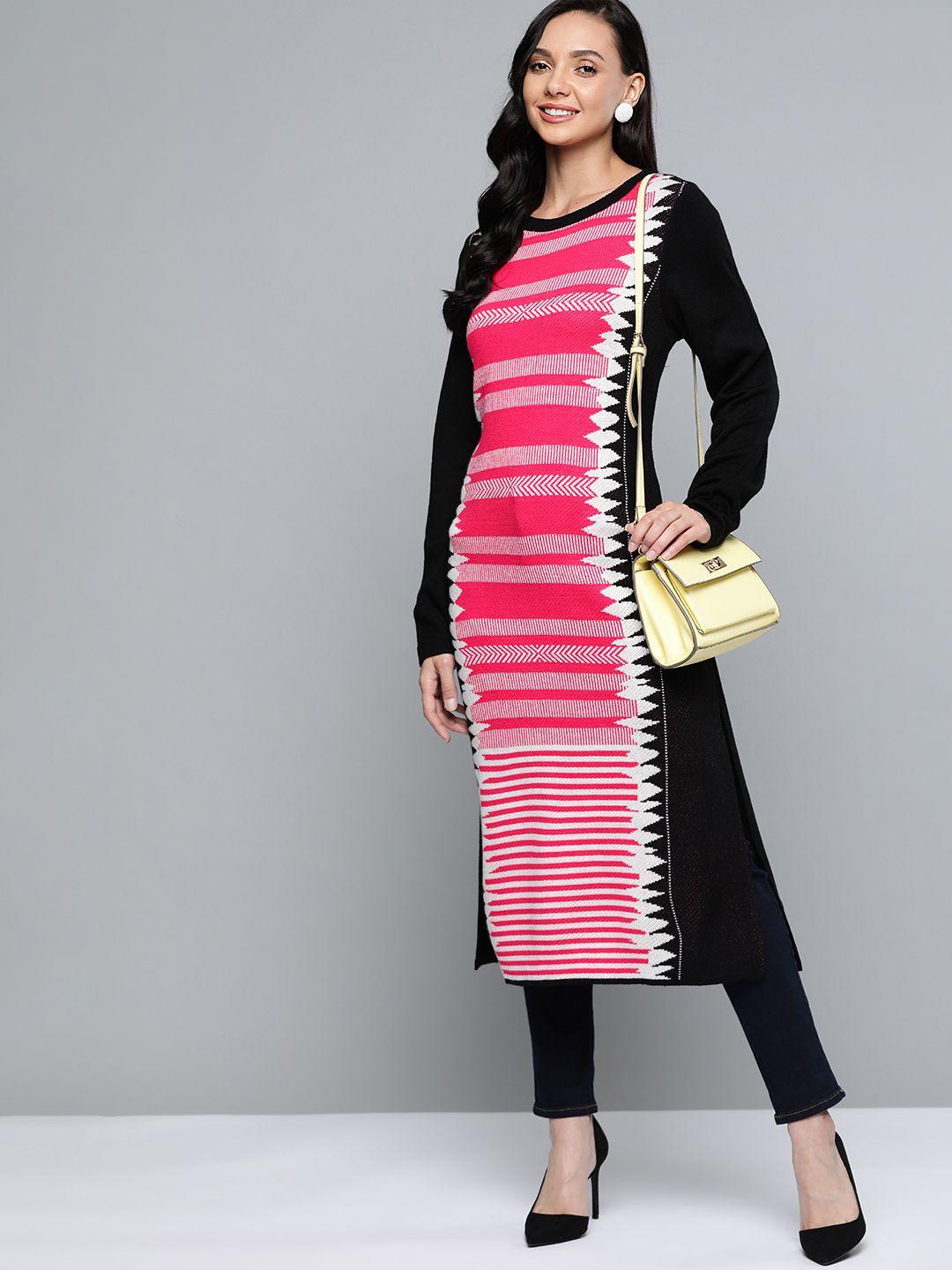 here&now women pink & black geometric printed acrylic winter kurta