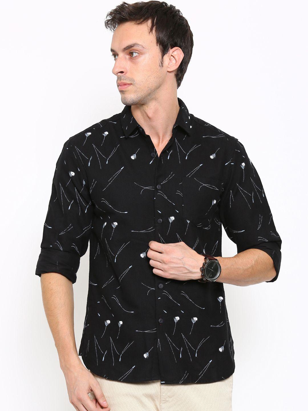 locomotive men black regular fit printed casual shirt