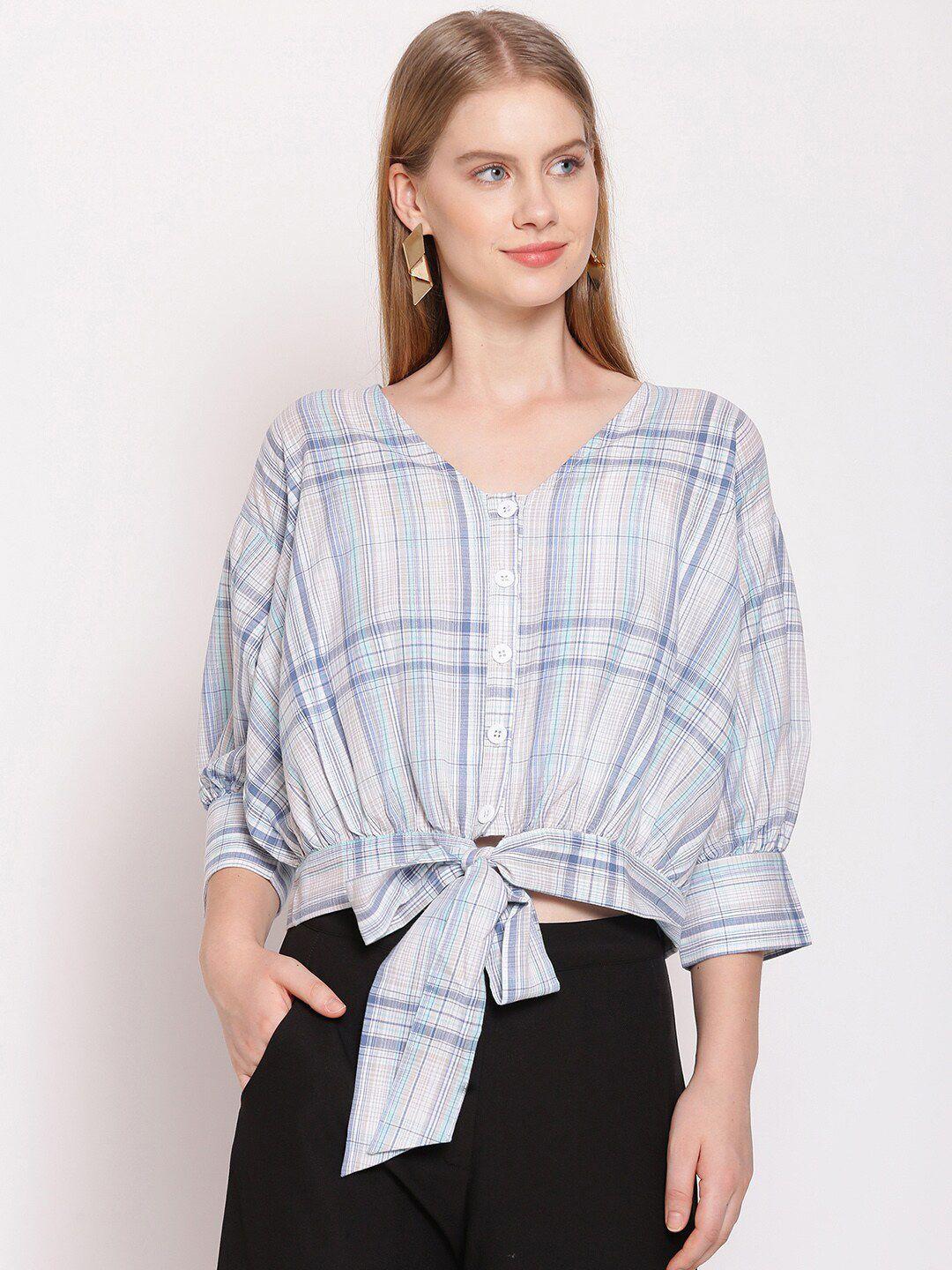 zink london women blue & white checked cinched waist top