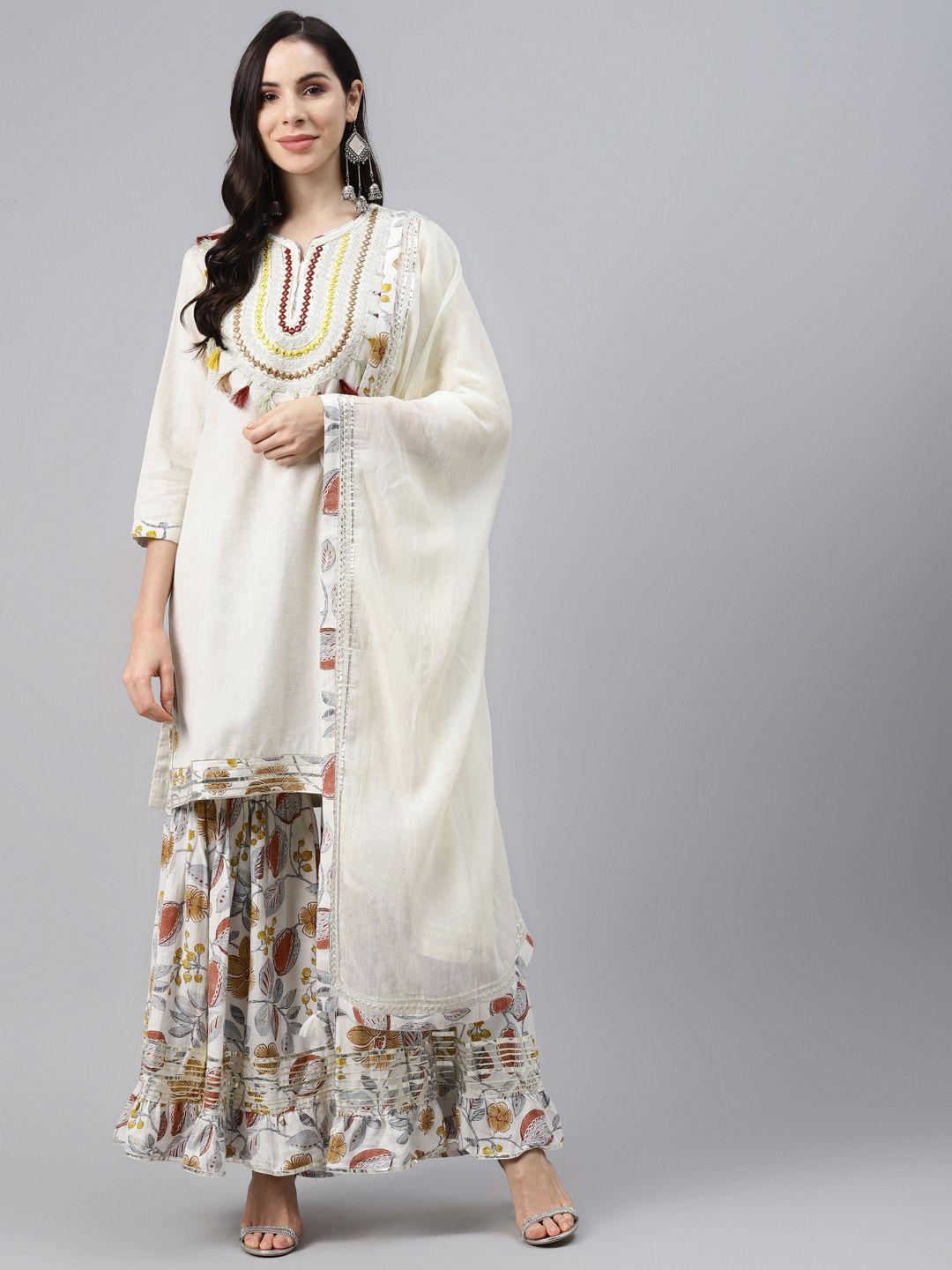 silai bunai women white motifs embroidered mirror work cotton kurti with sharara & dupatta