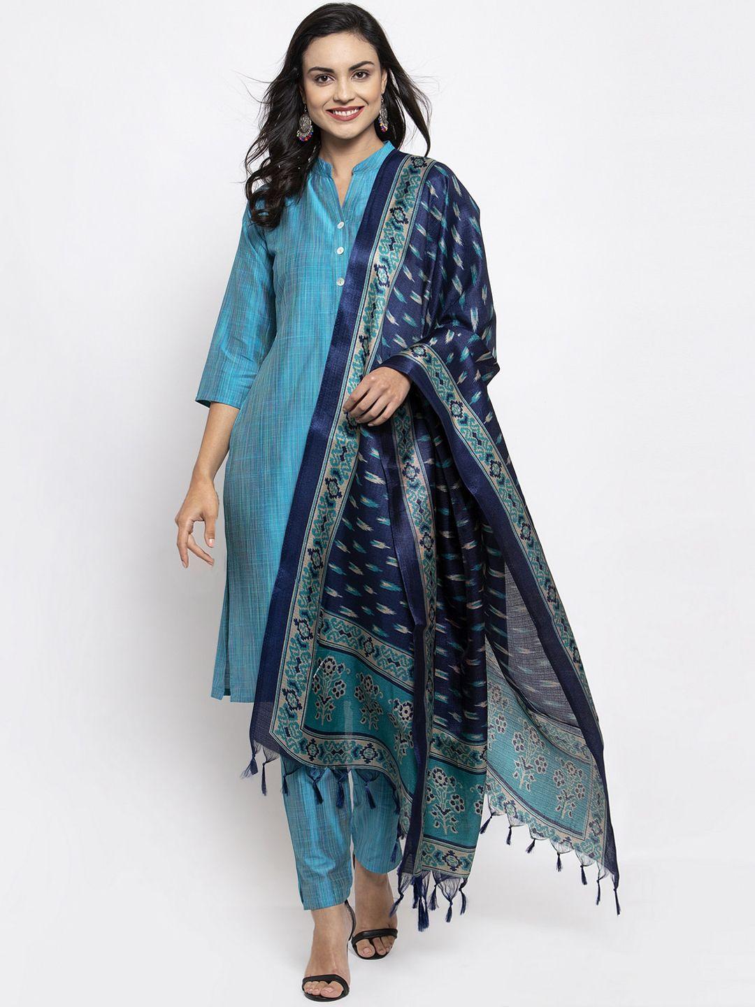 jompers women blue panelled kurti with trousers & with dupatta