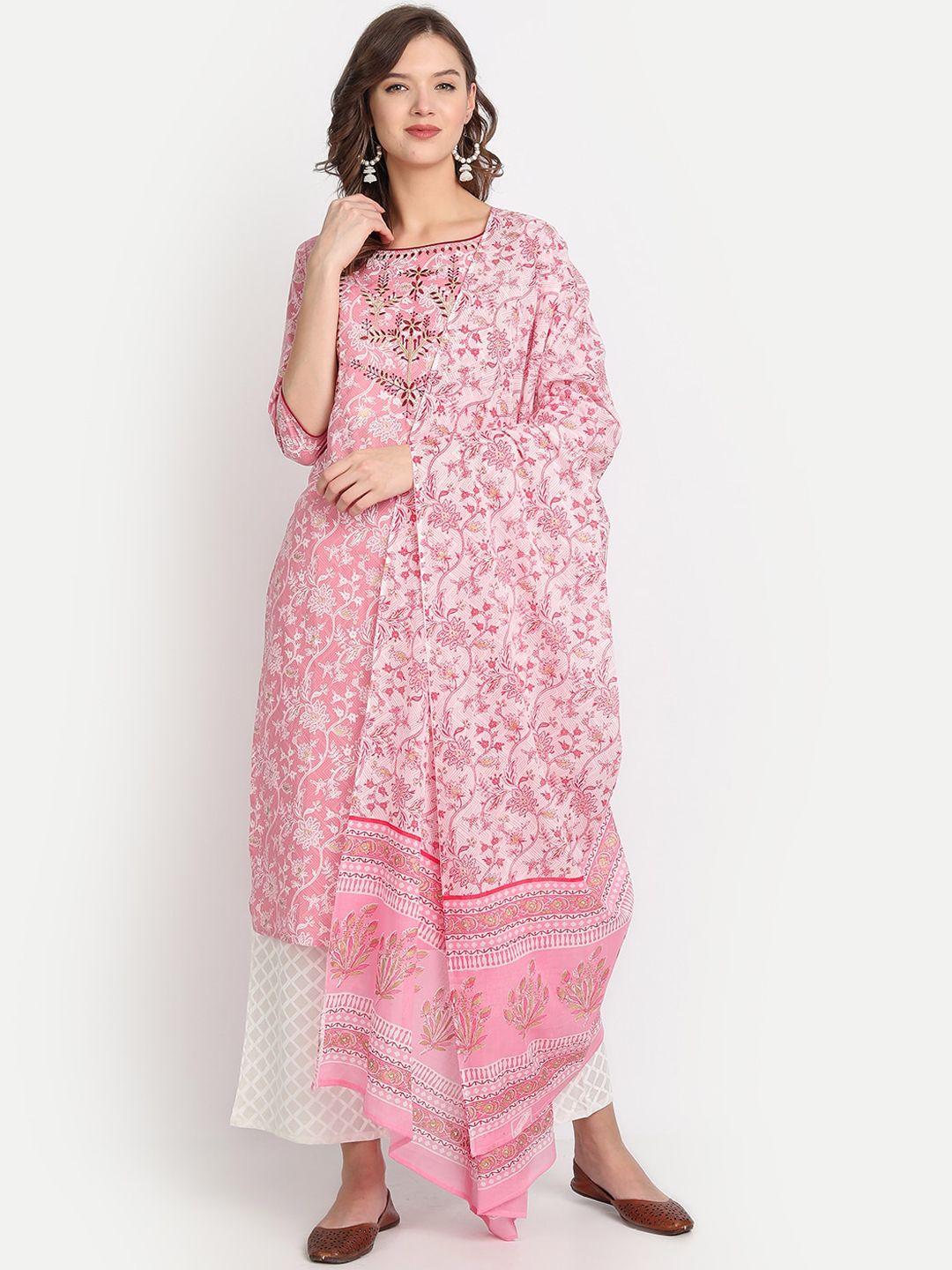 anubhutee women pink ethnic motifs printed pure cotton kurta with palazzos & dupatta