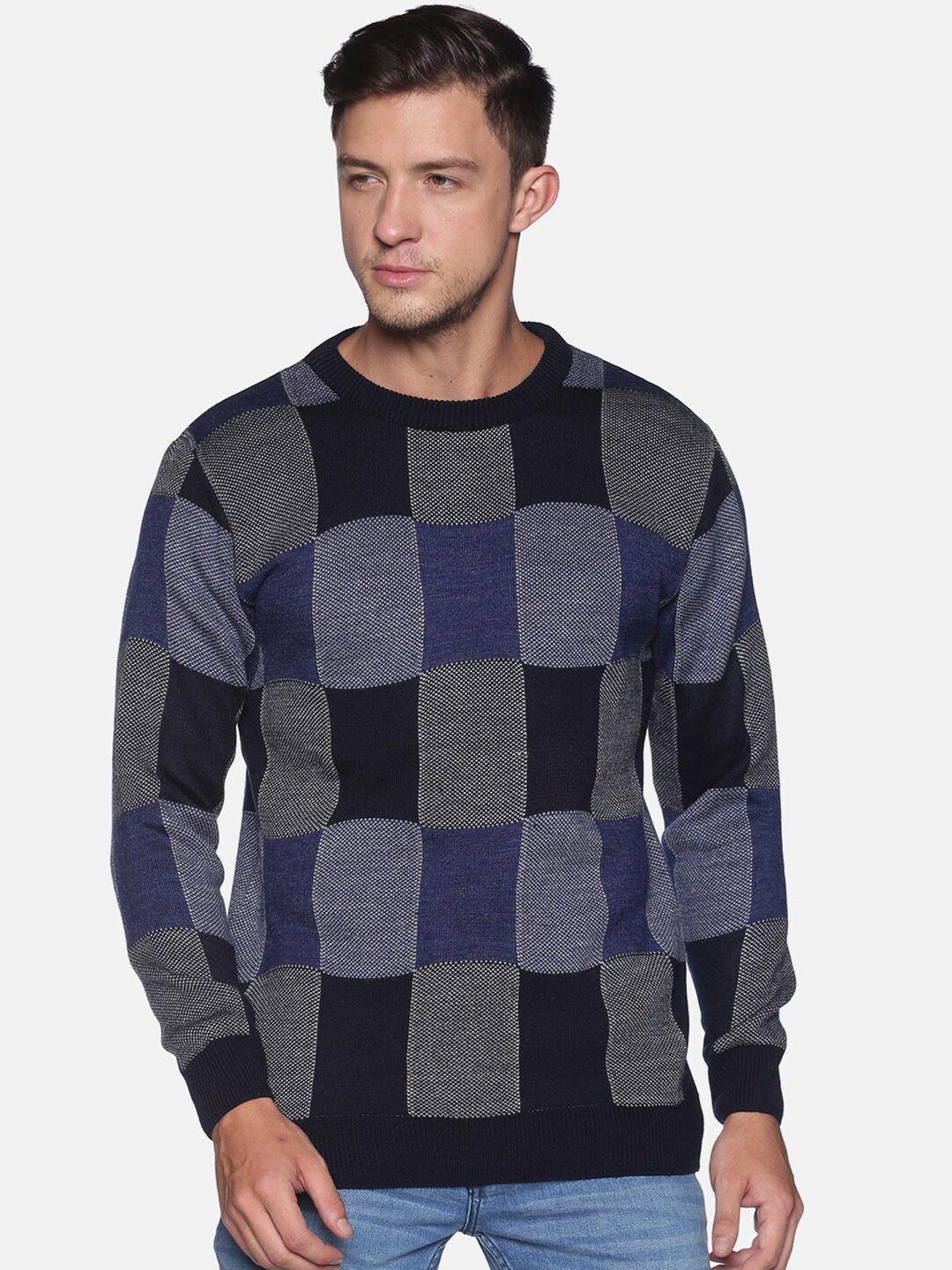 campus sutra men navy blue & grey printed pullover