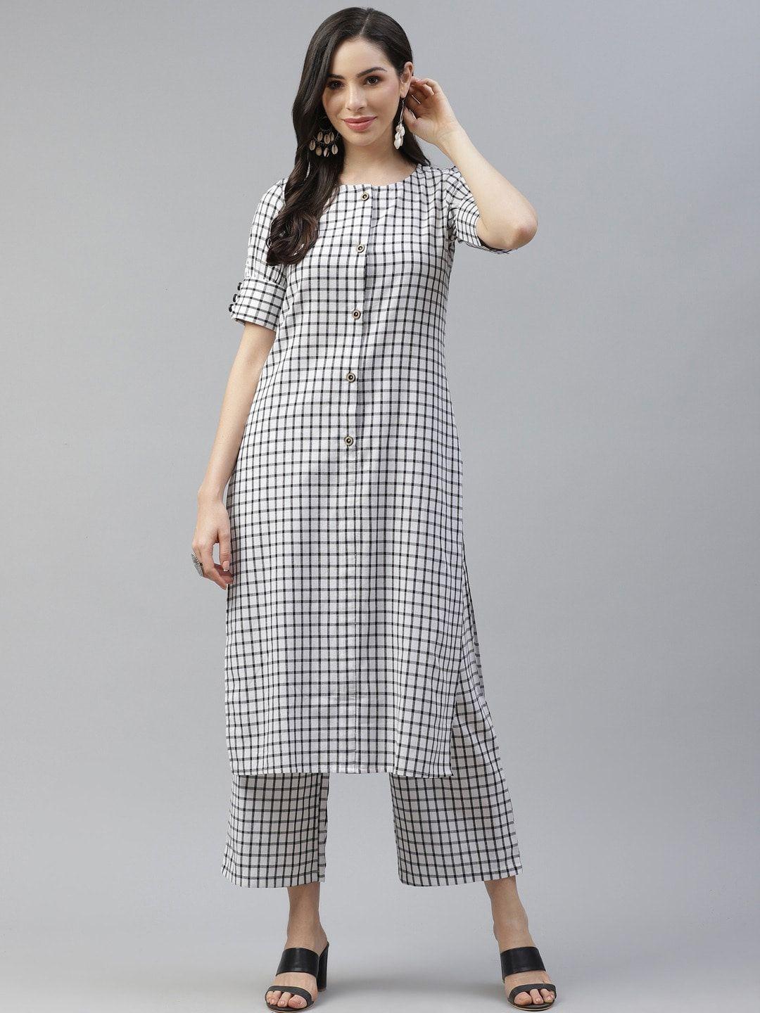 cottinfab women white checked pure cotton kurta with palazzos