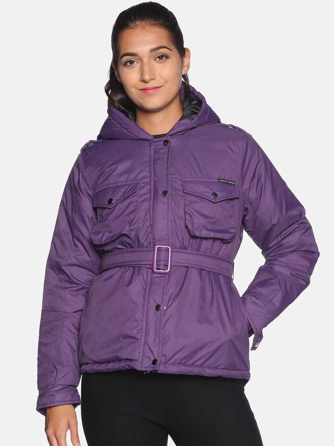 campus sutra women purple windcheater puffer longline hooded jacket