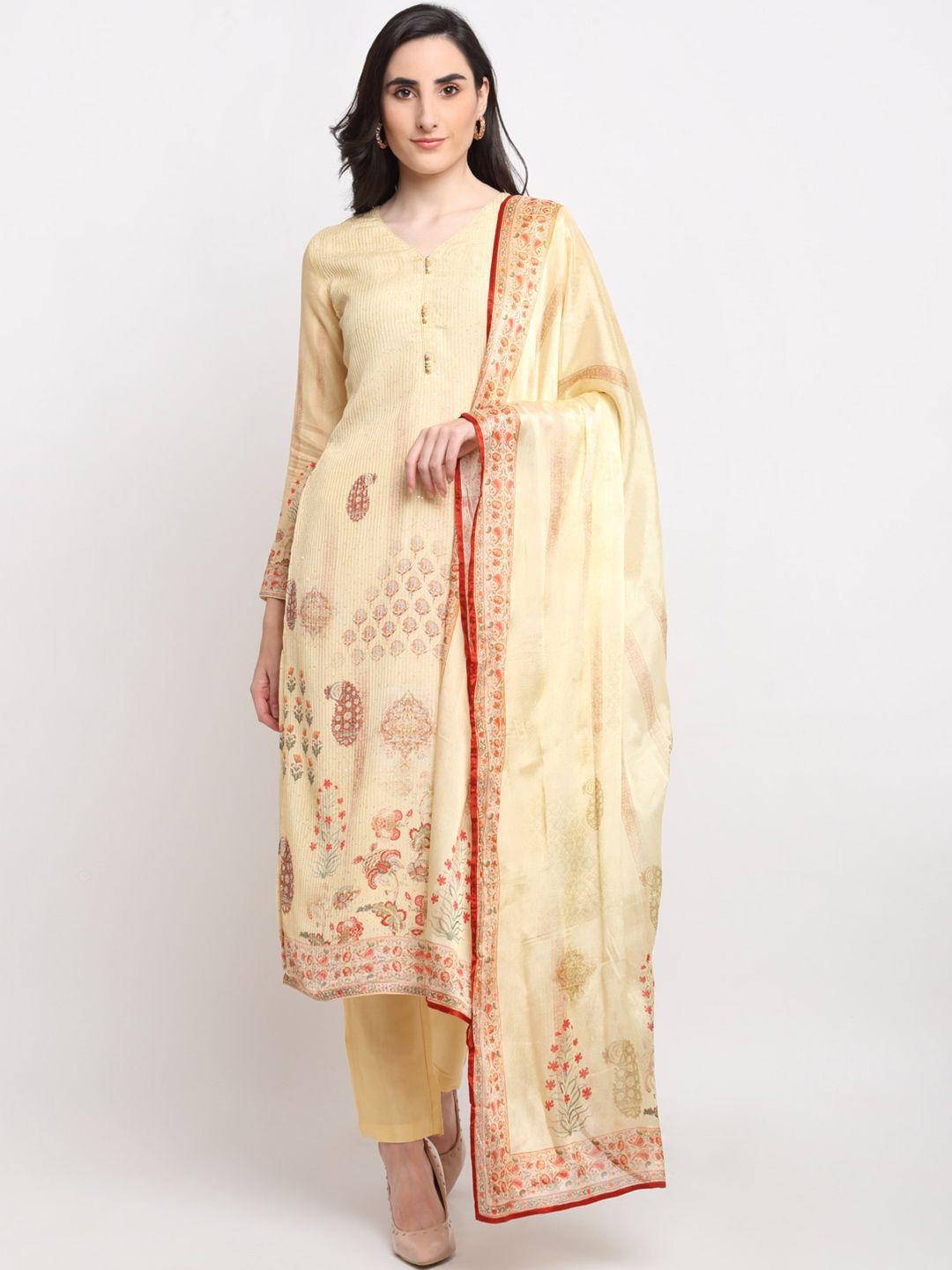 stylee lifestyle yellow printed pure silk unstitched dress material