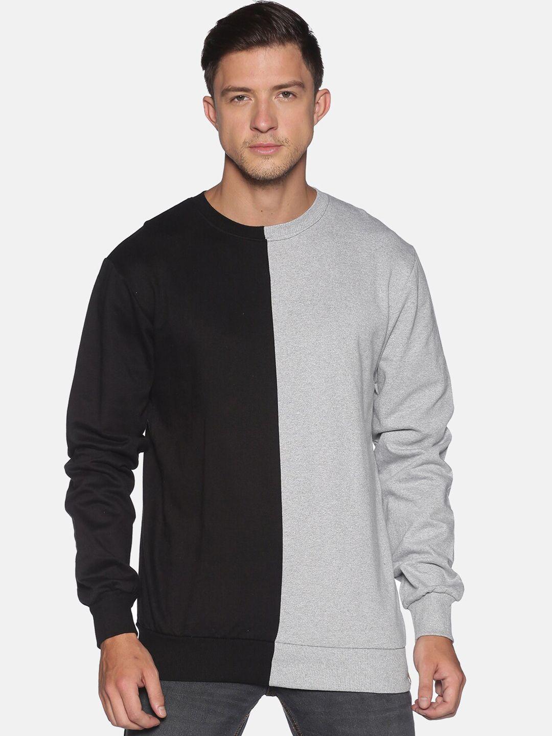 campus sutra men black & grey colourblocked pure cotton pullover sweatshirt