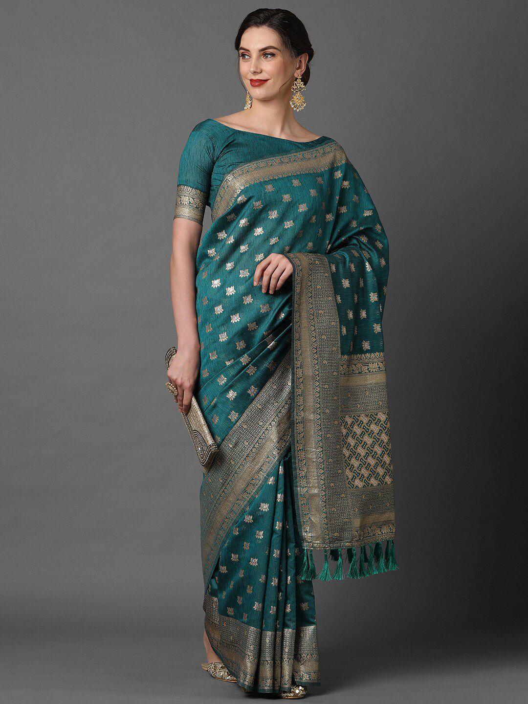 mitera teal blue & gold-coloured ethnic motifs woven design zari silk blend banarasi saree