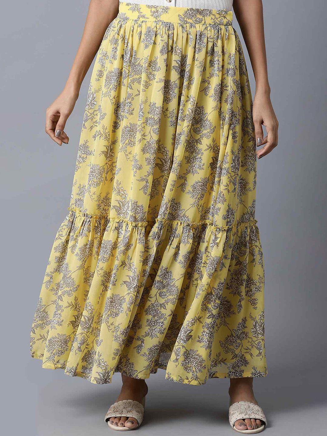 w women yellow & grey floral printed tiered skirt