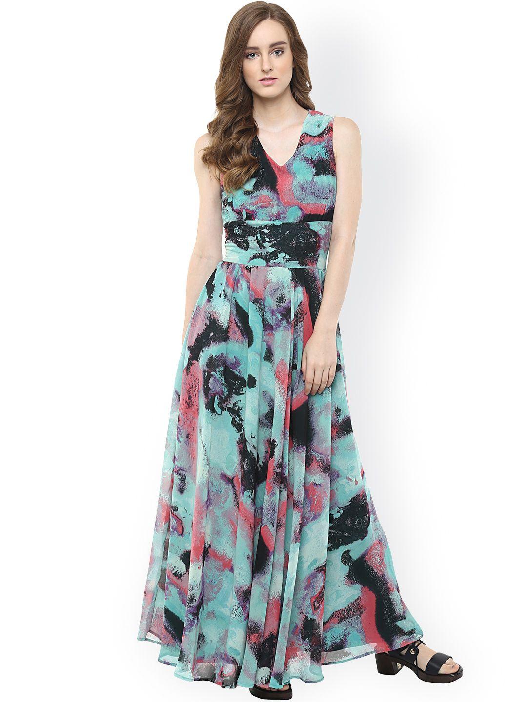 harpa women blue printed georgette maxi dress