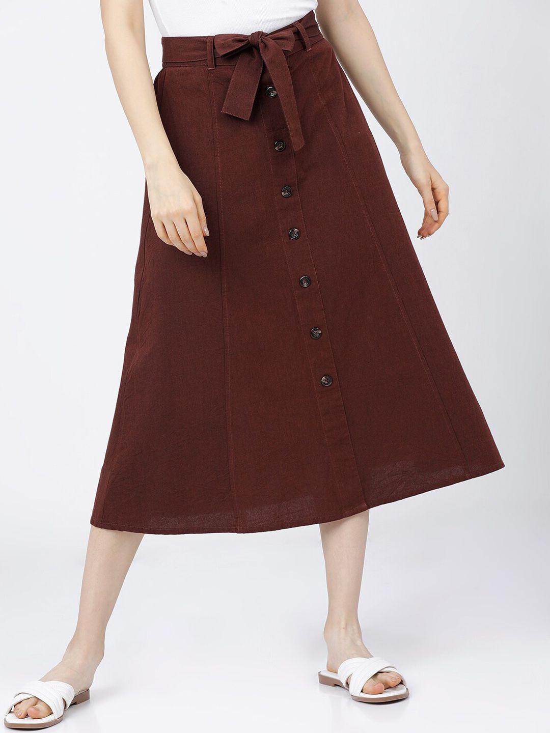 tokyo talkies women maroon solid cotton a-line midi skirt