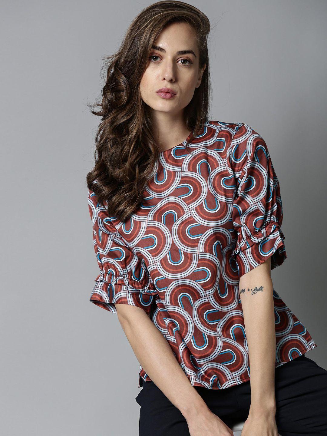 rareism brown geometric printed bell sleeve regular top