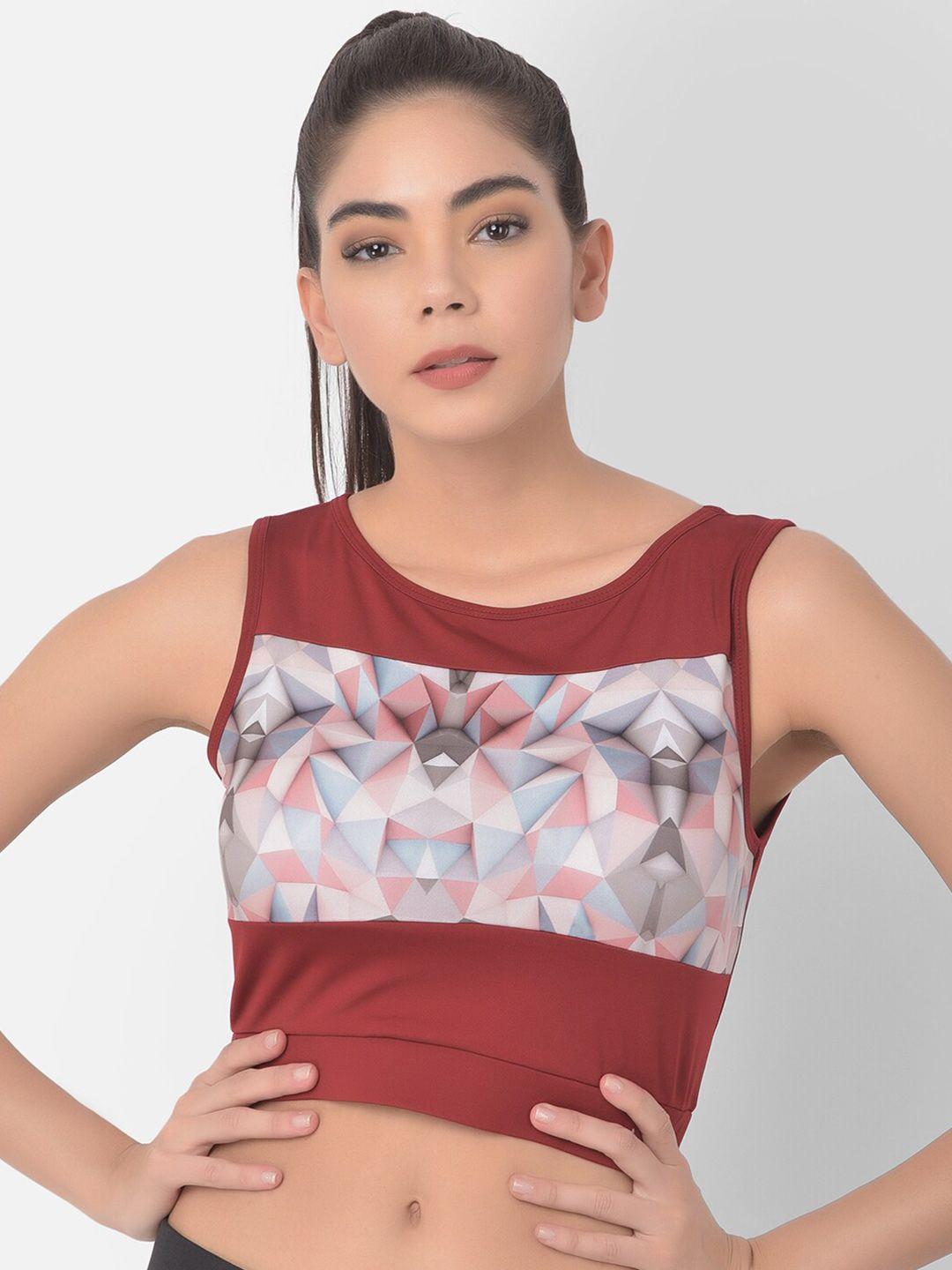 clovia women maroon & white geometric printed crop top