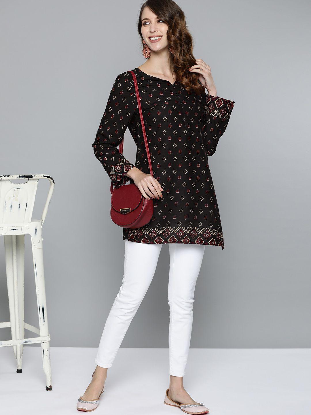 here&now black & maroon ethnic motifs printed sweetheart neck kurti