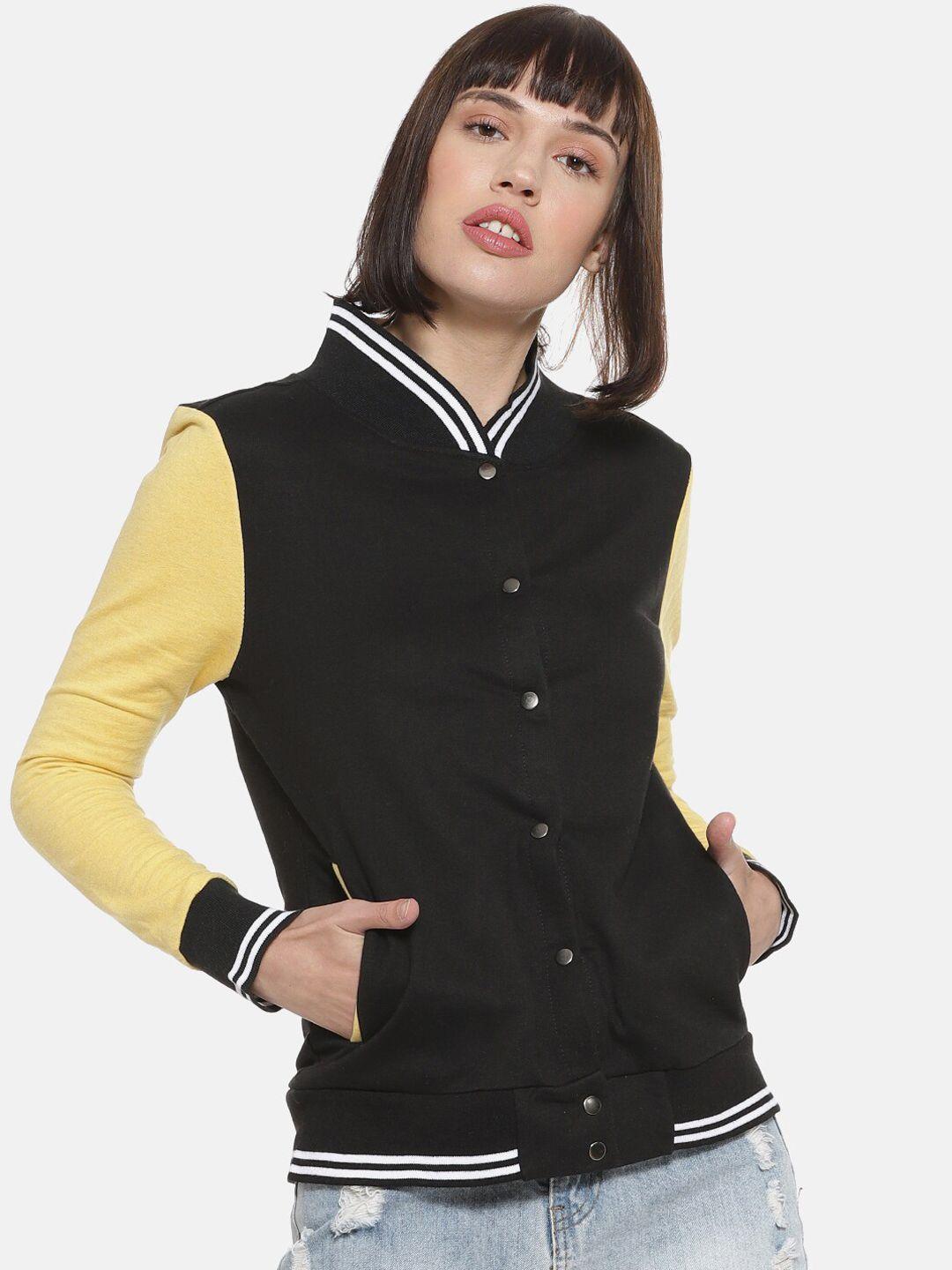 campus sutra women black yellow colourblocked bomber jacket