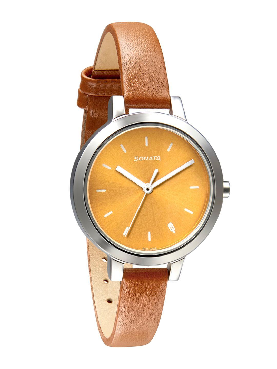 sonata women brown brass dial & brown leather straps analogue watch