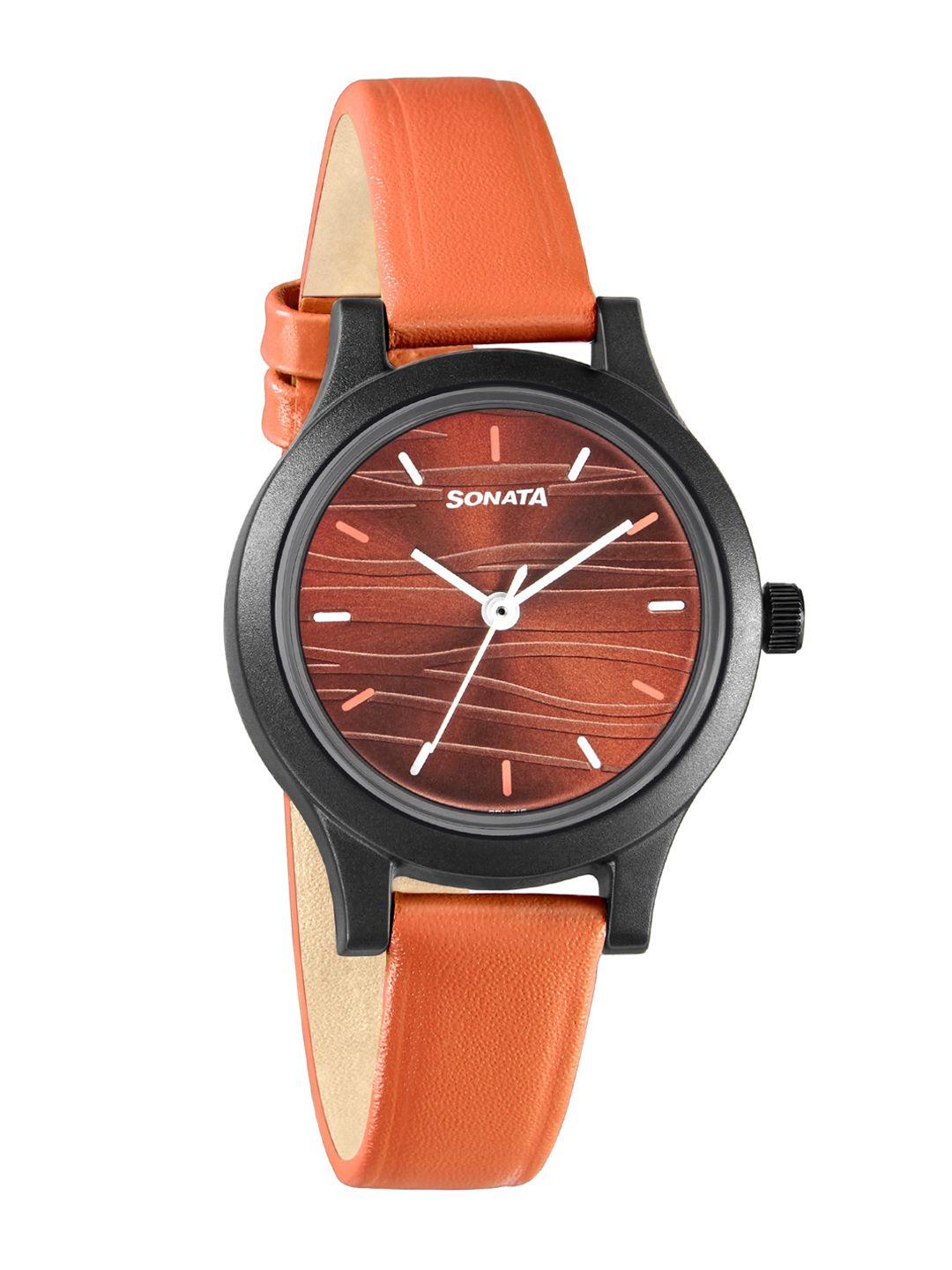 sonata women brown dial & orange leather straps analogue watch 87030pl11w-brown