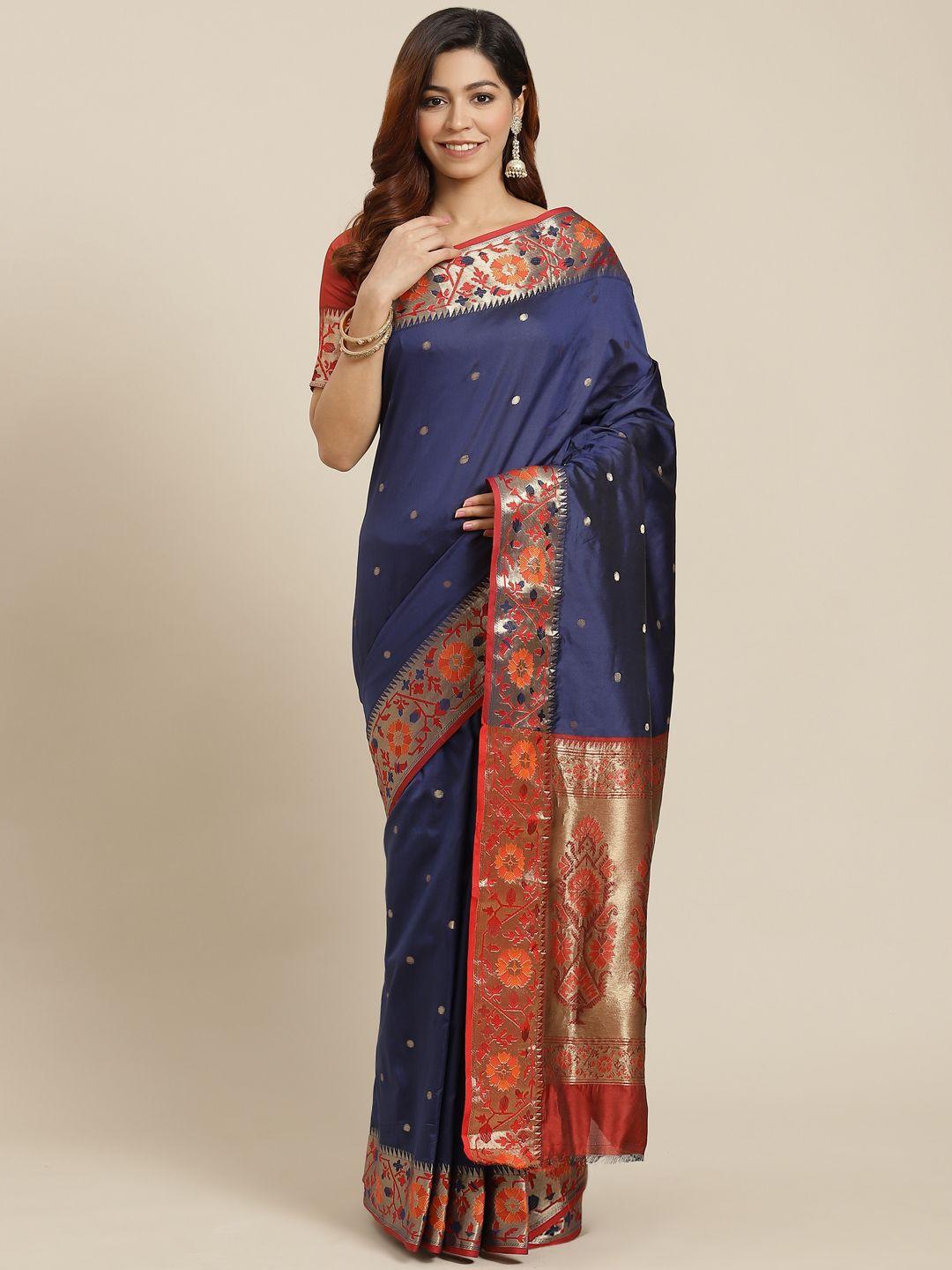 manohari women navy blue & maroon ethnic motifs zari banarasi saree