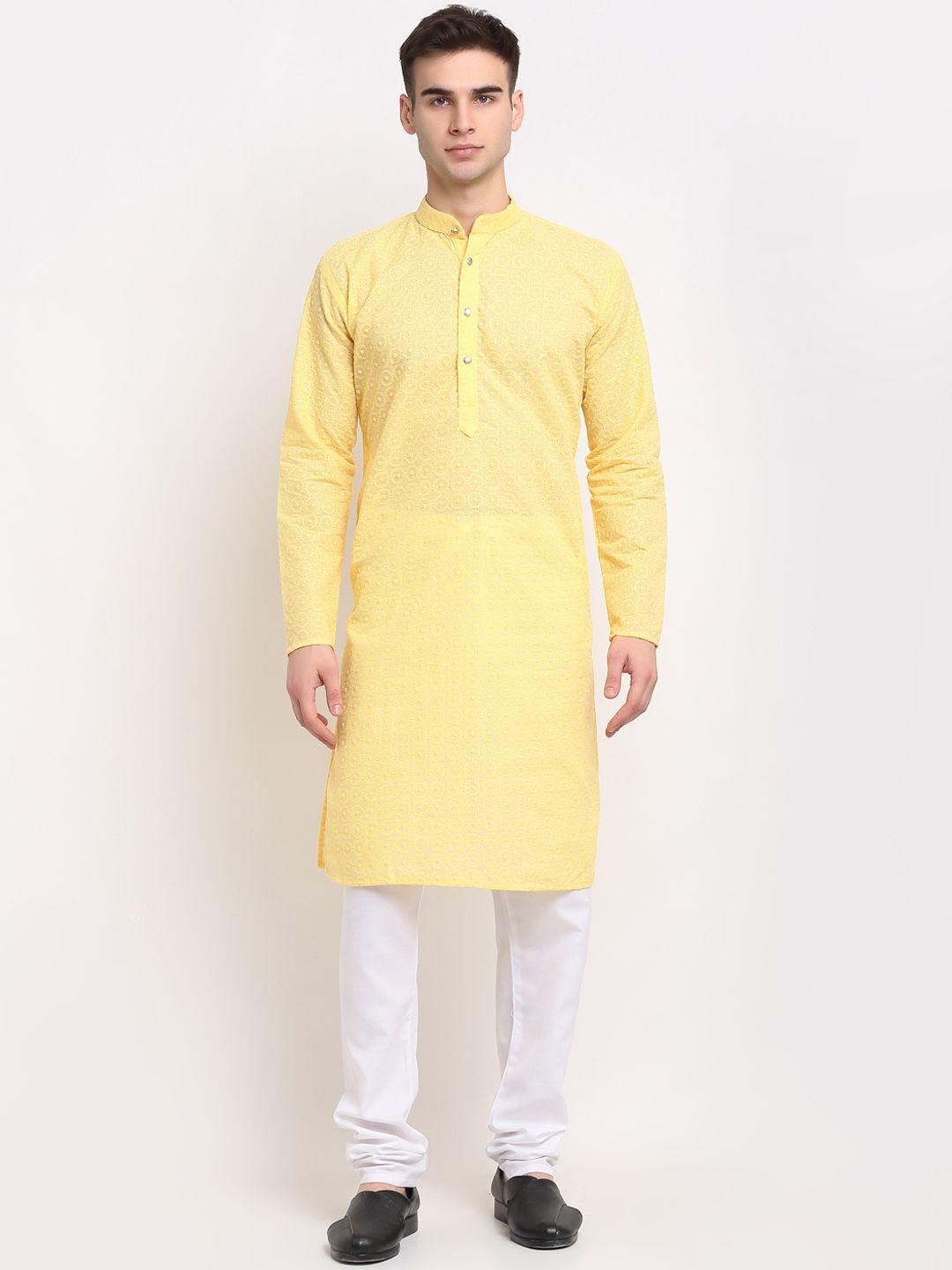 jompers men yellow pure cotton self embroidered straight kurta