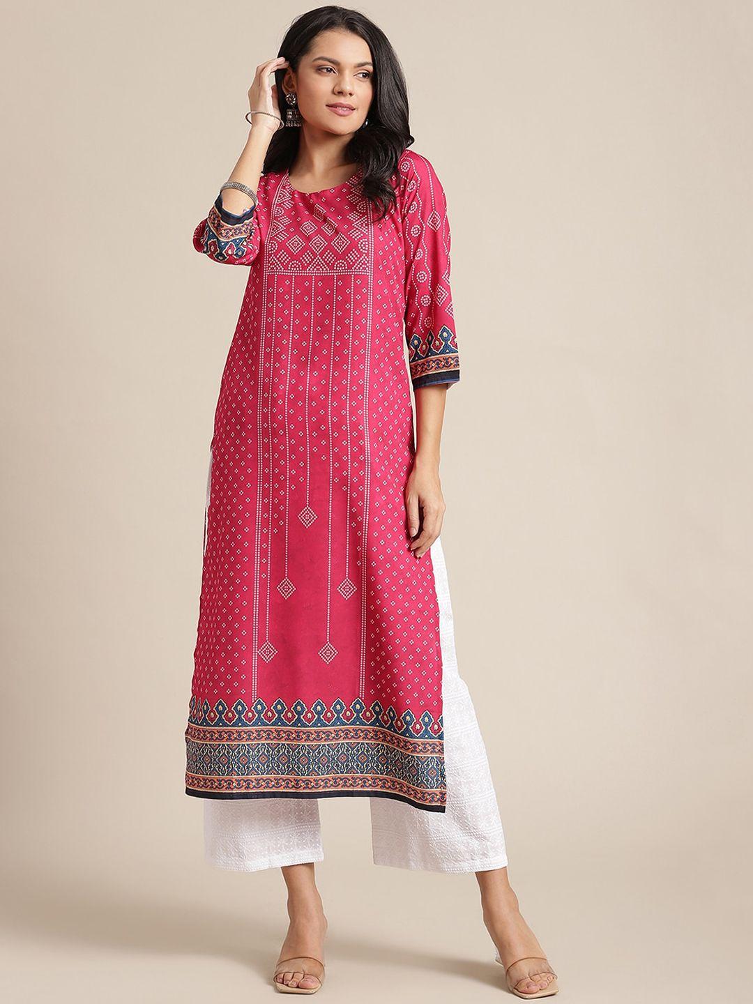 ksut women pink & white bandhani printed kurta