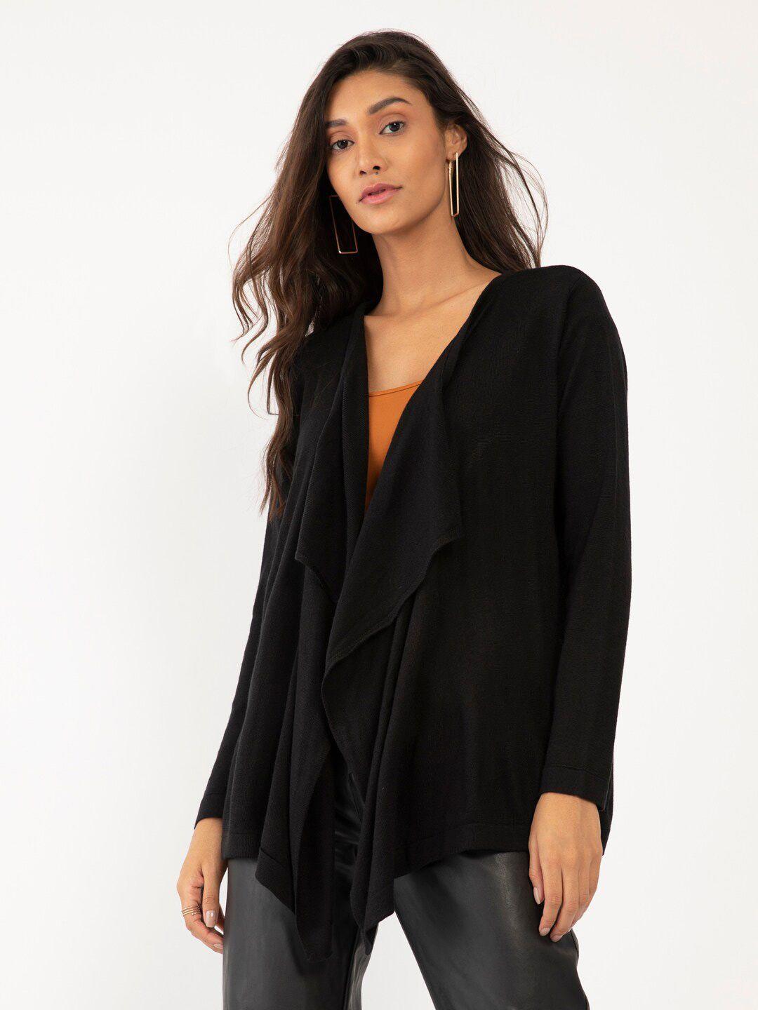 zink london women black solid tie-up shrug