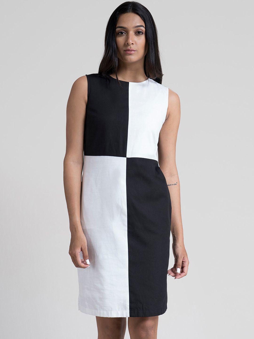 fablestreet women black and white colourblocked sheath dress