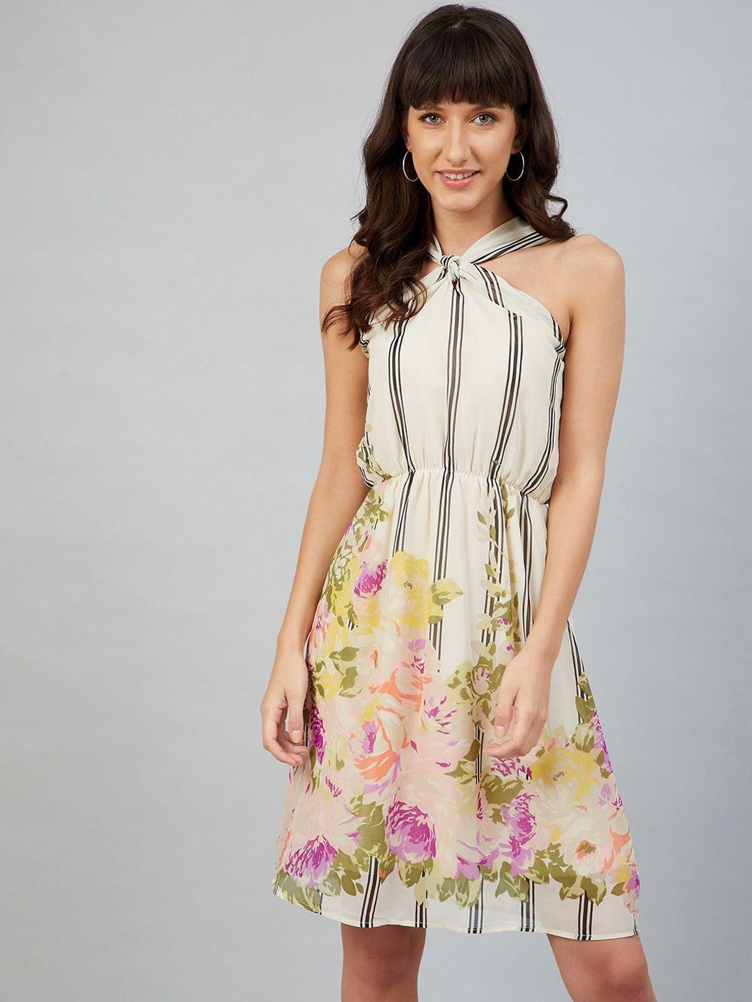 carlton london multicoloured floral printed halter neck georgette a-line dress