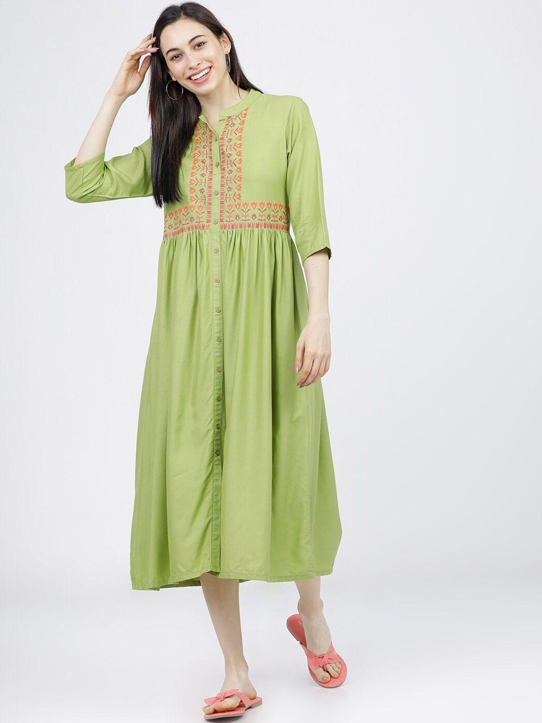 vishudh women green ethnic motifs a-line midi dress