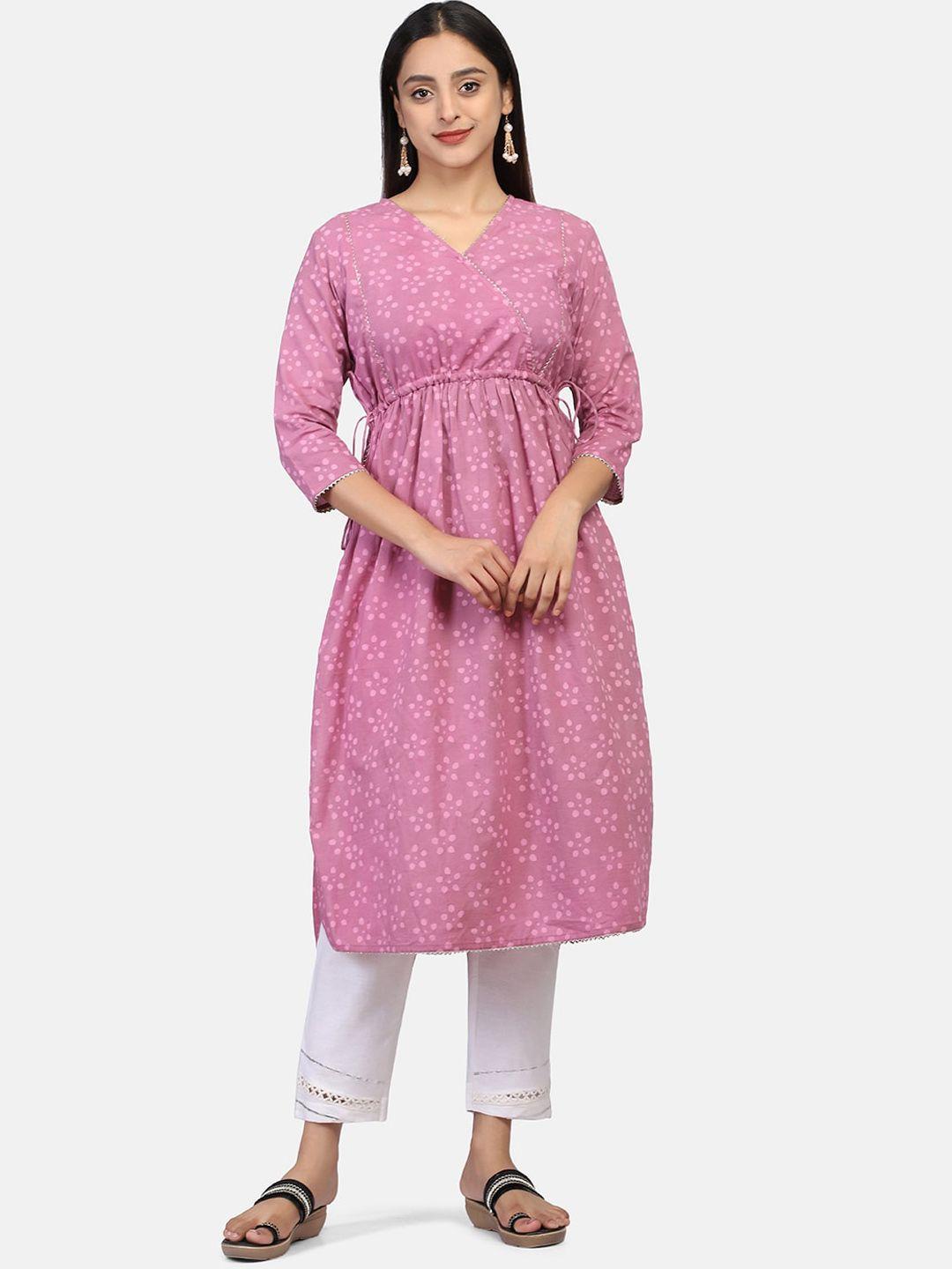 mirraw women pink ethnic motifs handblock printed angrakha kurta