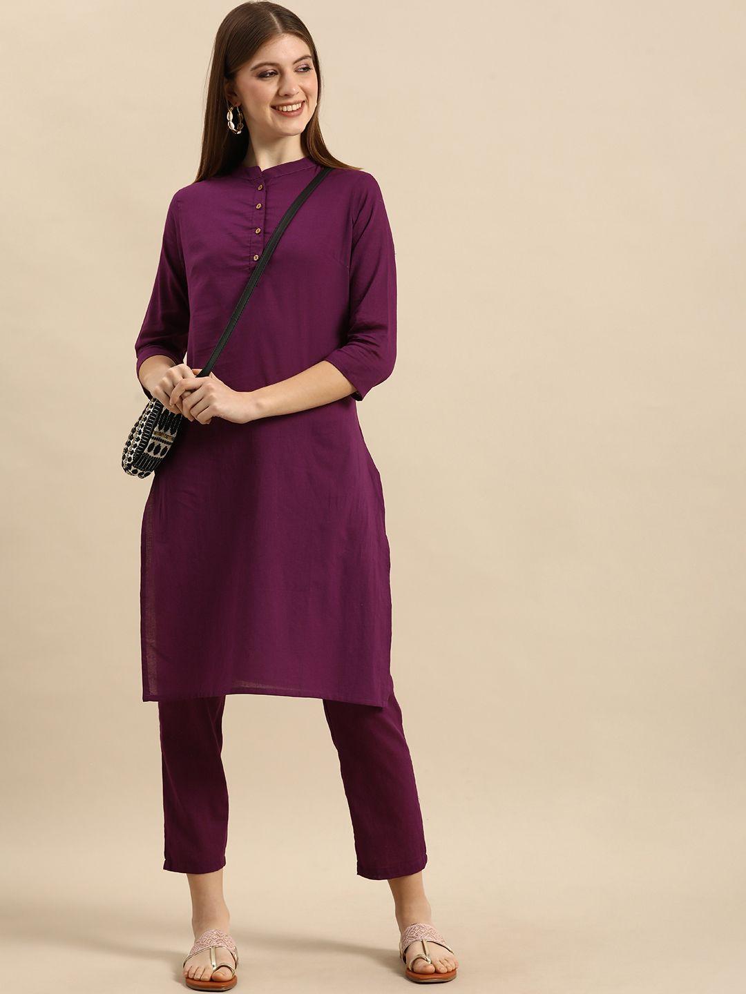 anouk women purple solid regular pure cotton kurta with trousers