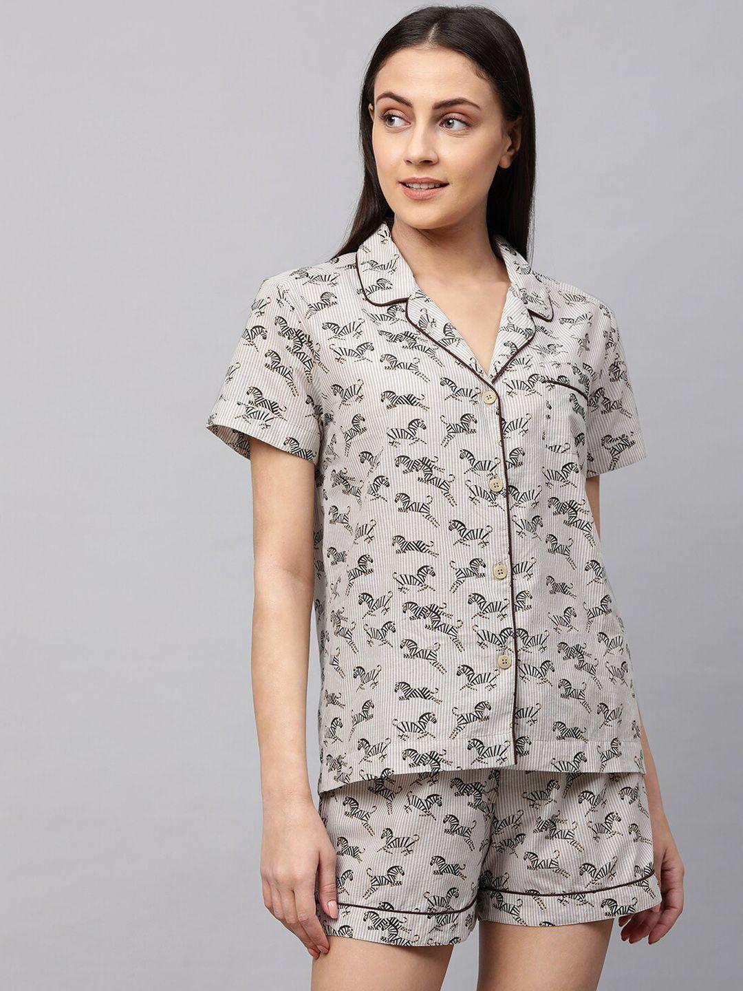 chemistry women beige & black printed night suit