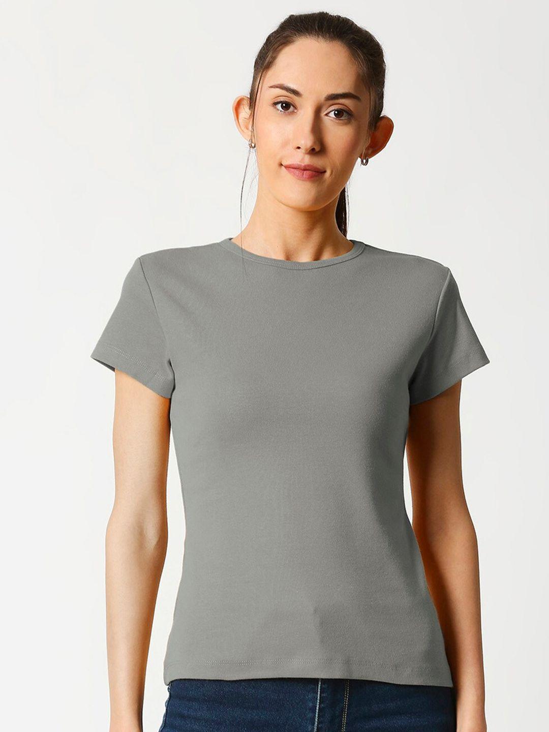 bewakoof women grey slim fit pure cotton t-shirt