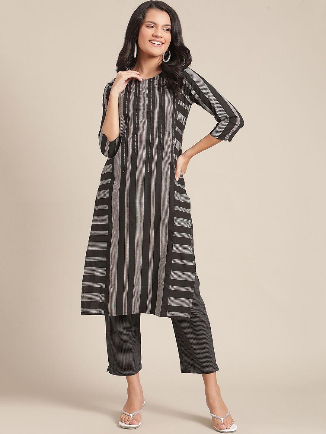 ksut women black striped pleated kurti with trousers