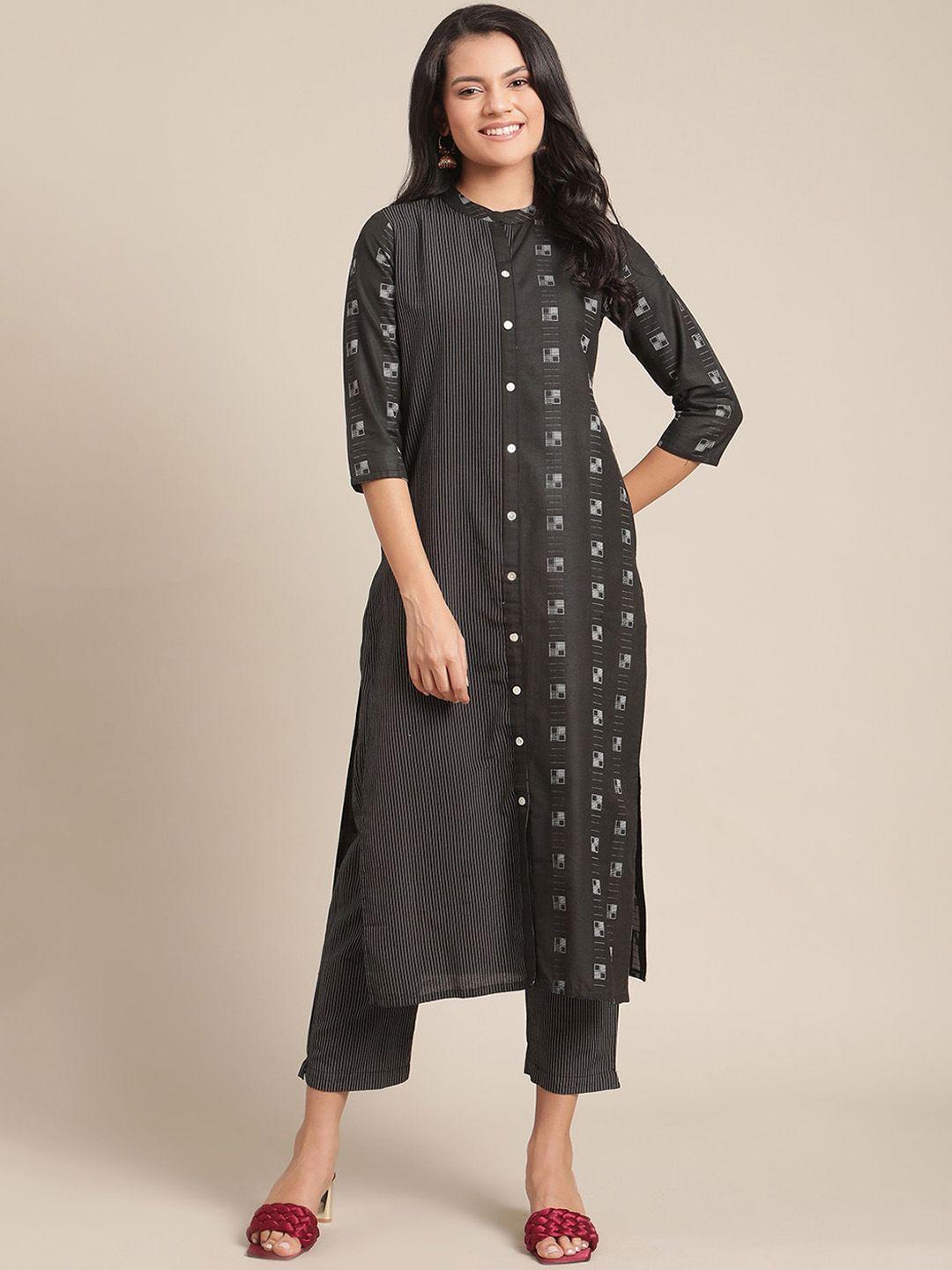 ksut women black ethnic motifs printed panelled kurta with trousers