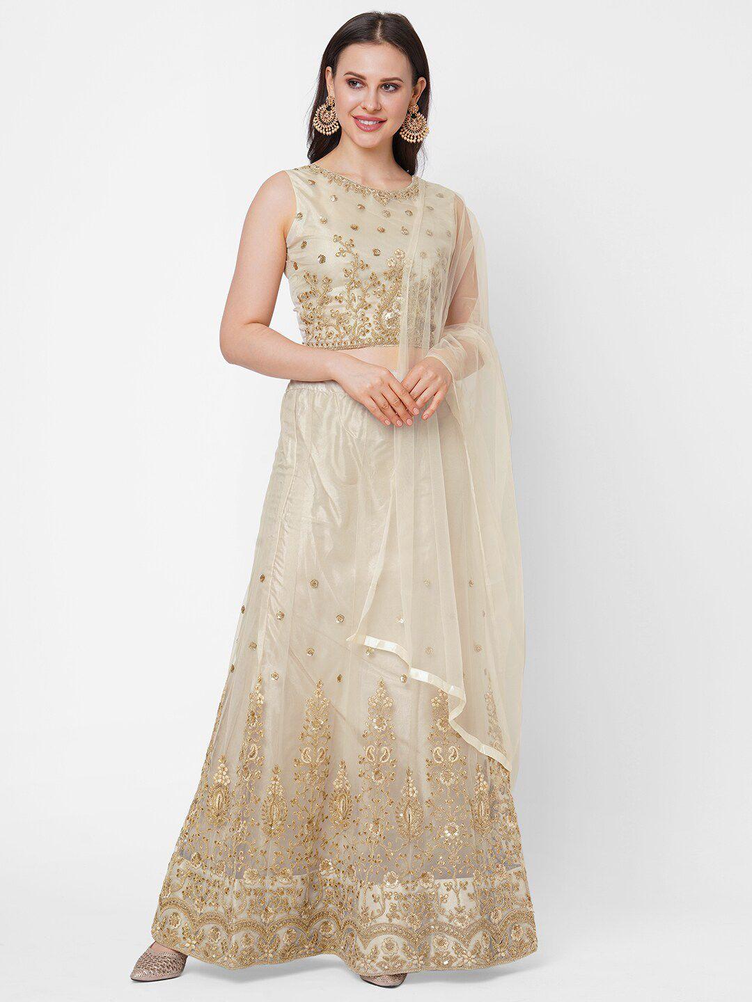 redround beige & gold-toned embellished semi-stitched lehenga & unstitched blouse with dupatta