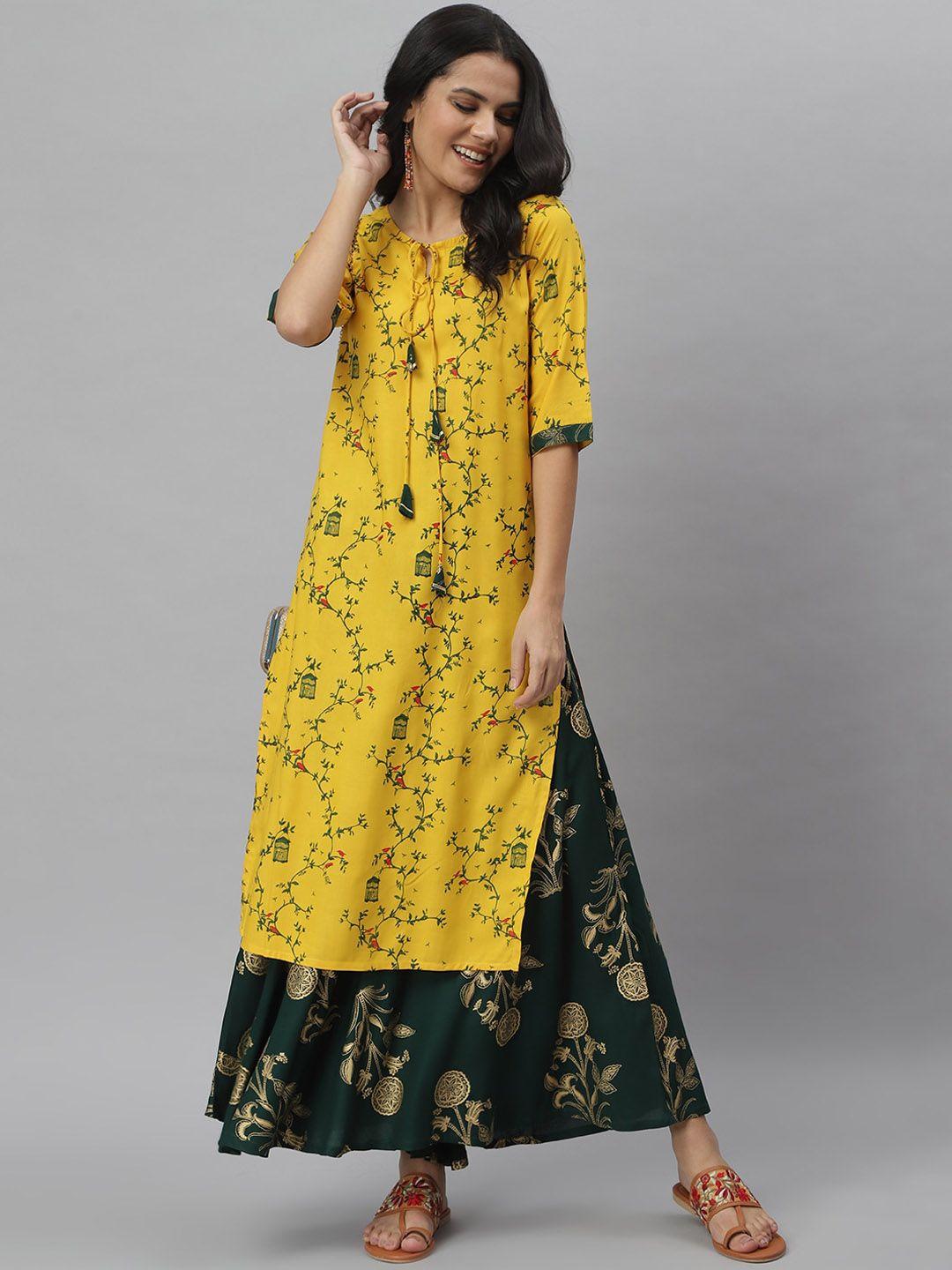 stylum women mustard yellow & teal green ethnic motifs printed kurta with skirt