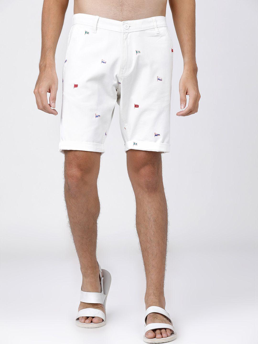 highlander men white printed slim fit mid-rise chinos shorts