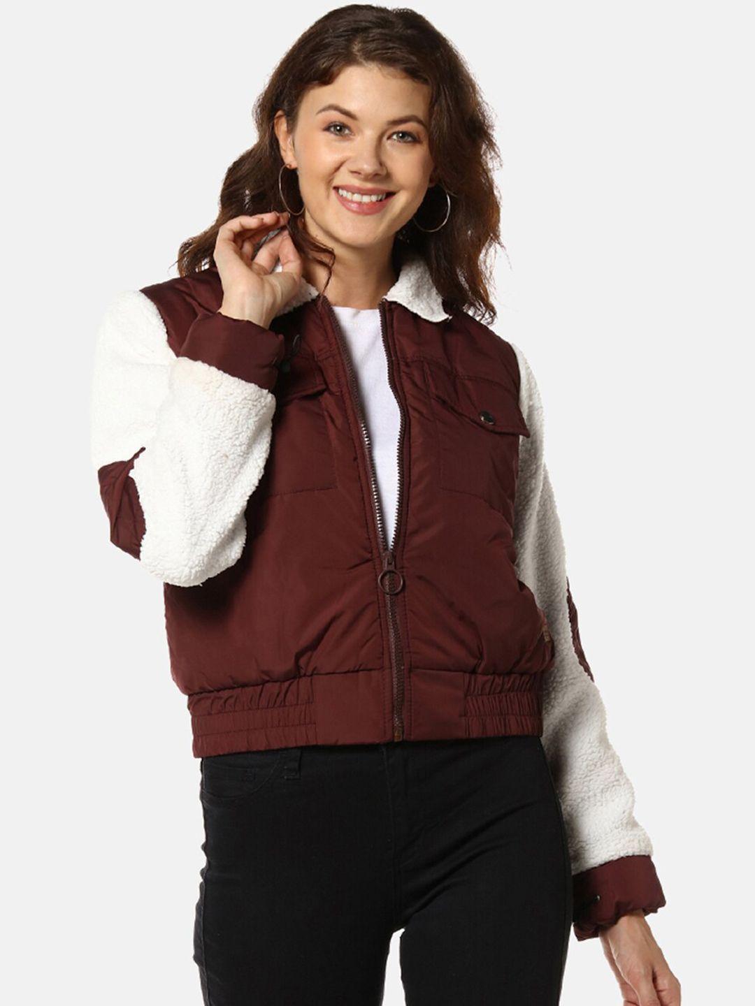 campus sutra women maroon striped windcheater bomber jacket