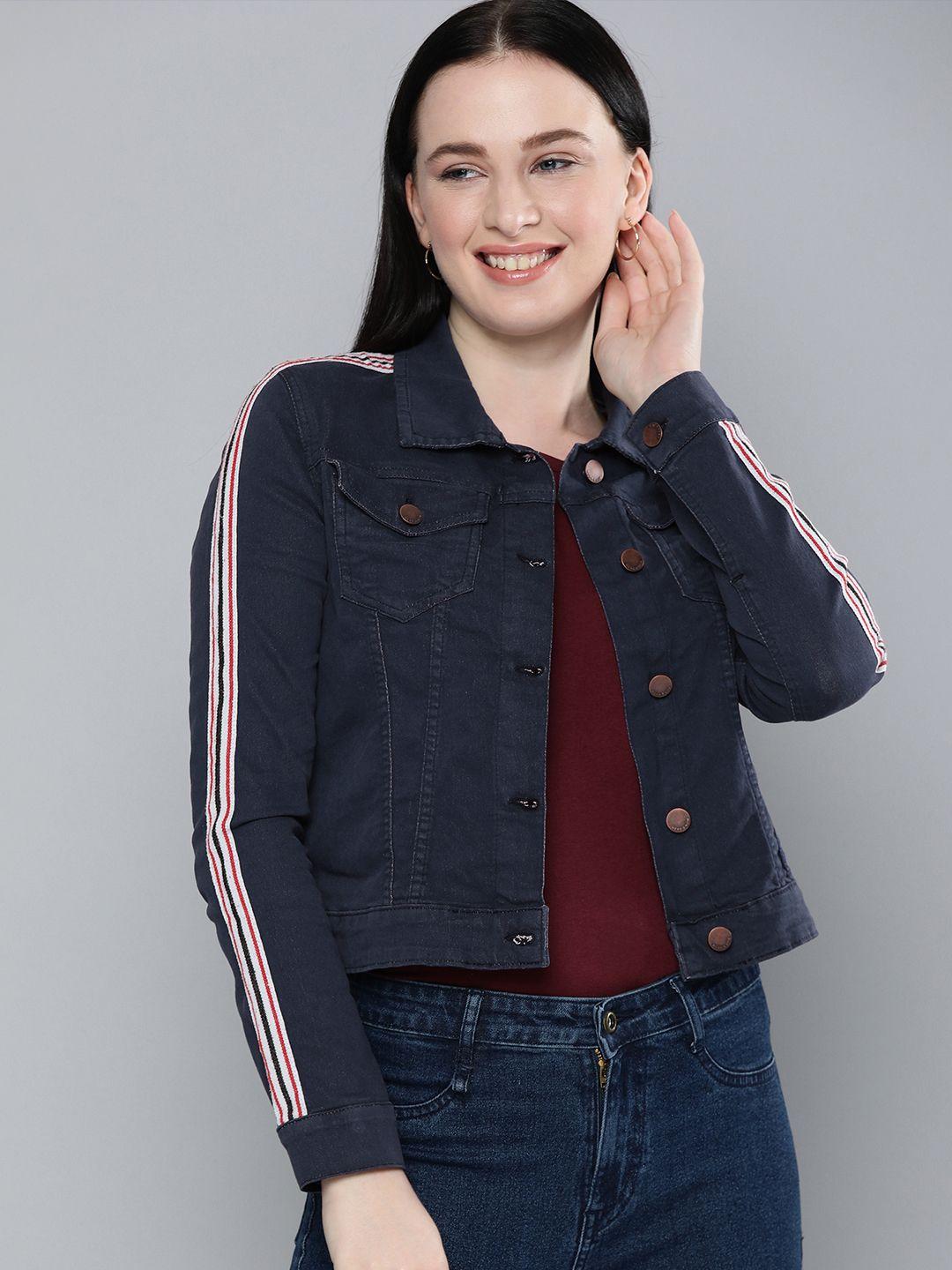 here&now women navy blue solid denim jacket