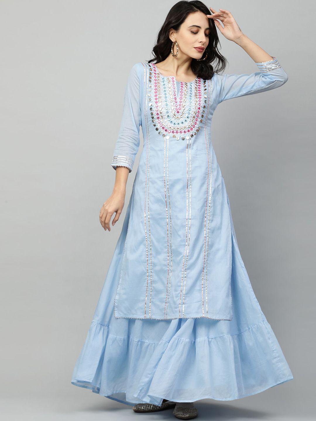 fashor blue ethnic motifs embroidered layered ethnic maxi dress