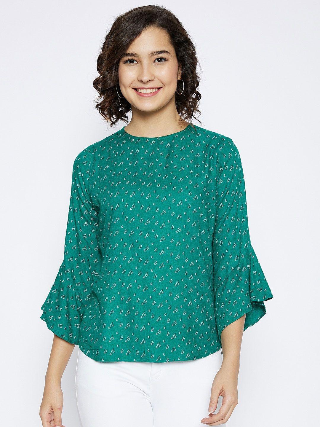 crimsoune club women green ditsy printed bell sleeve regular top