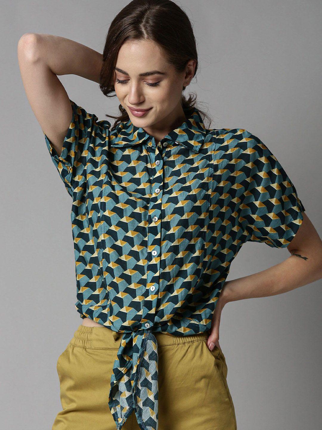 rareism blue geometric printed shirt style top with tie-up