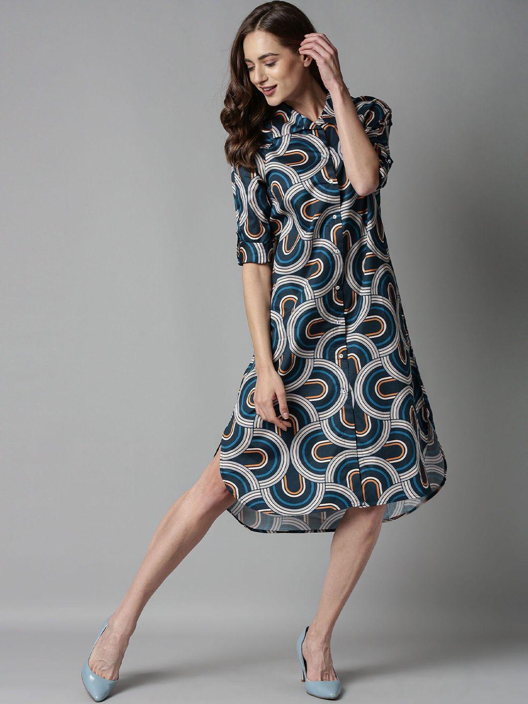 rareism women blue shirt printed midi dress