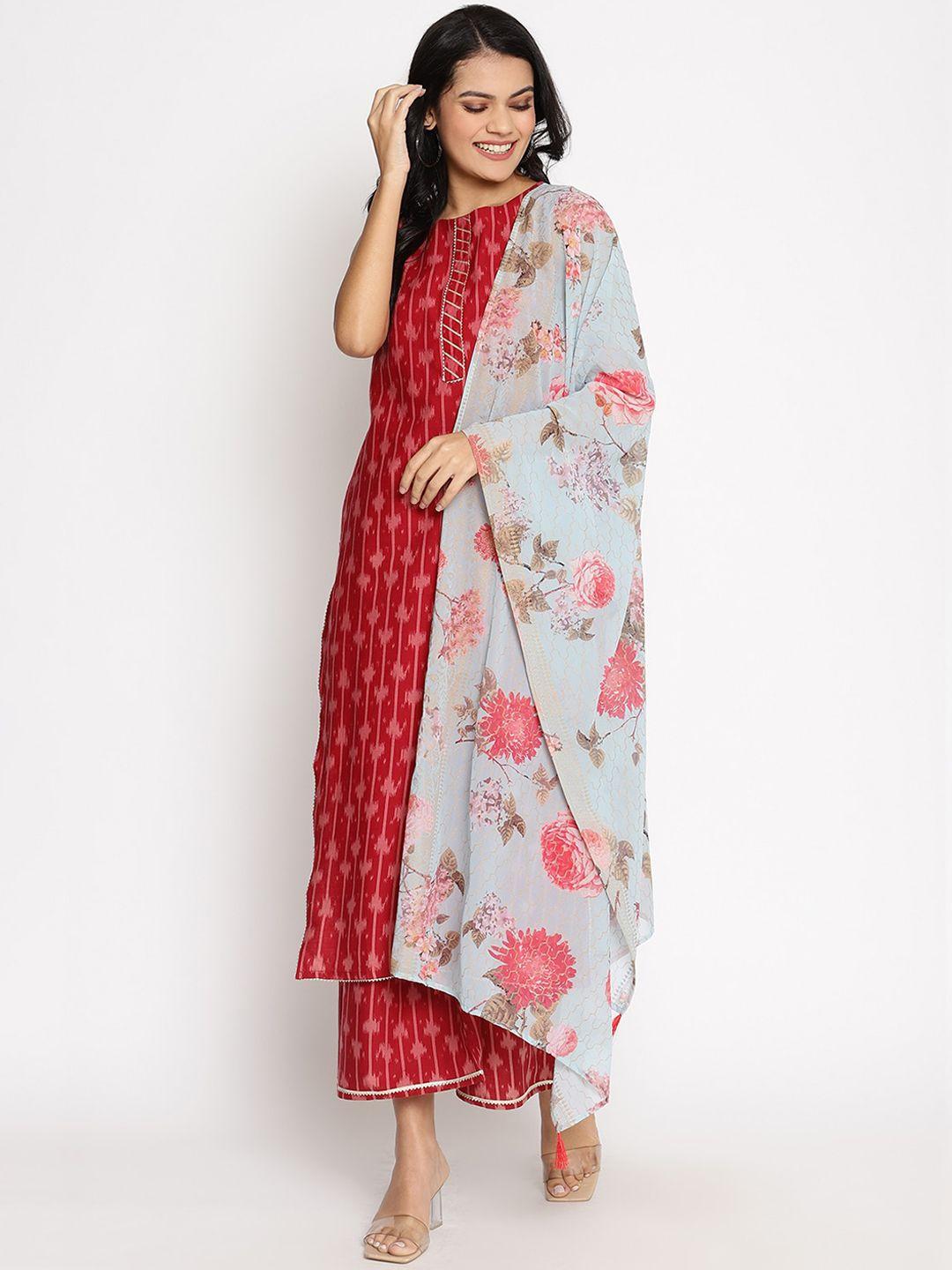 ahalyaa women red ethnic motifs printed kurta with palazzos & with dupatta