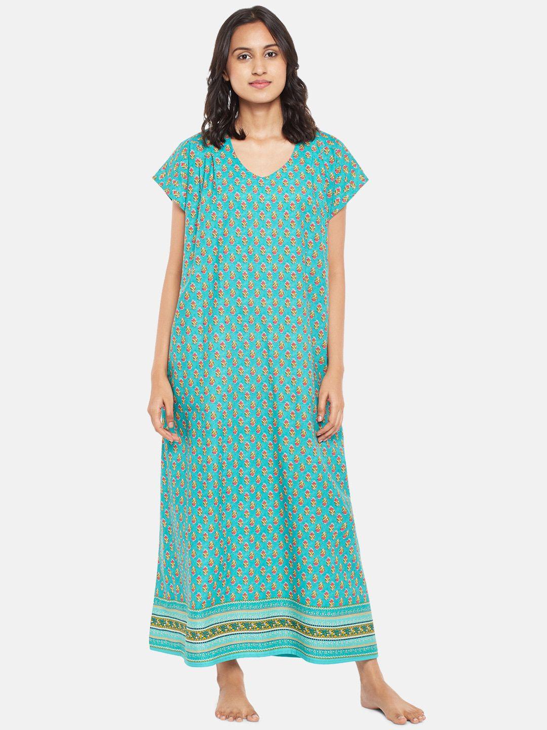 rangmanch by pantaloons blue printed cotton maxi nightdress