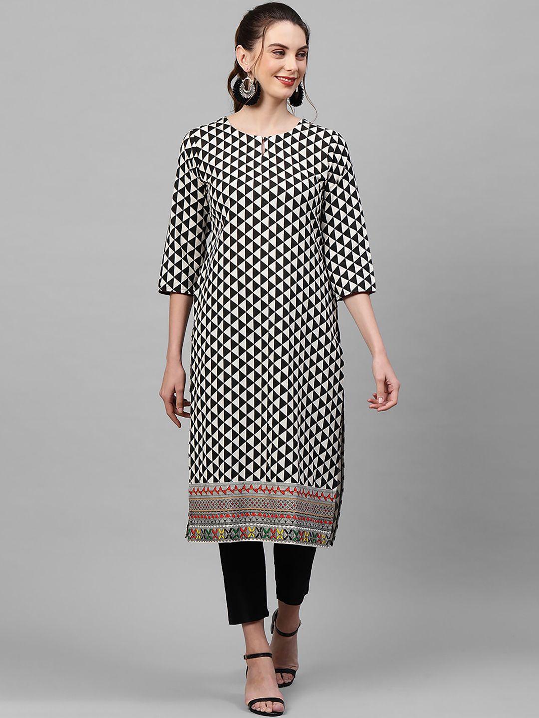 indo era women black & white geometric printed straight kurta